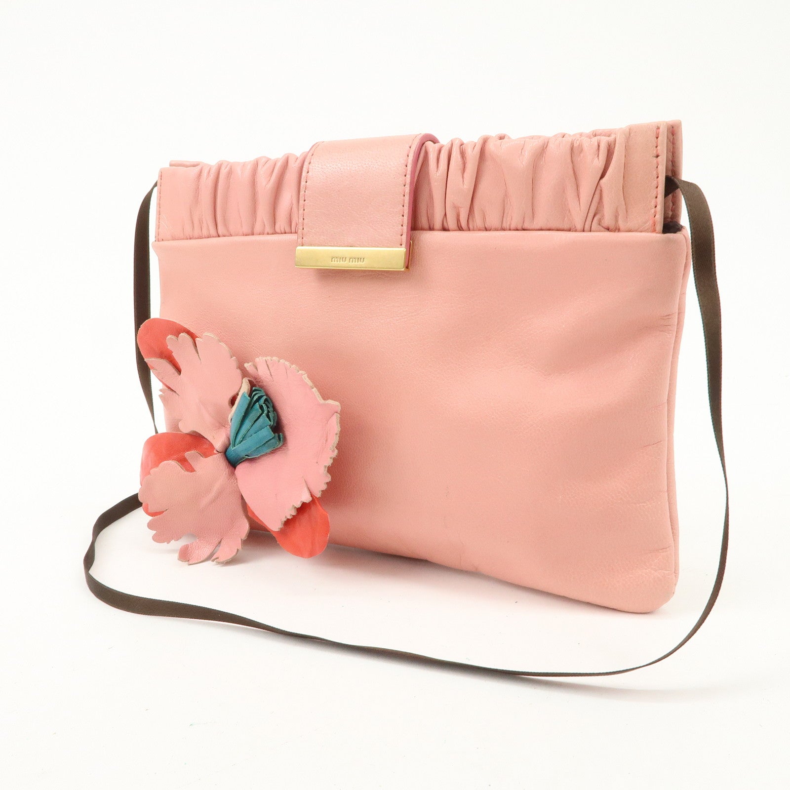 MIU MIU Leather Flower Motif Shoulder Bag Pink Used