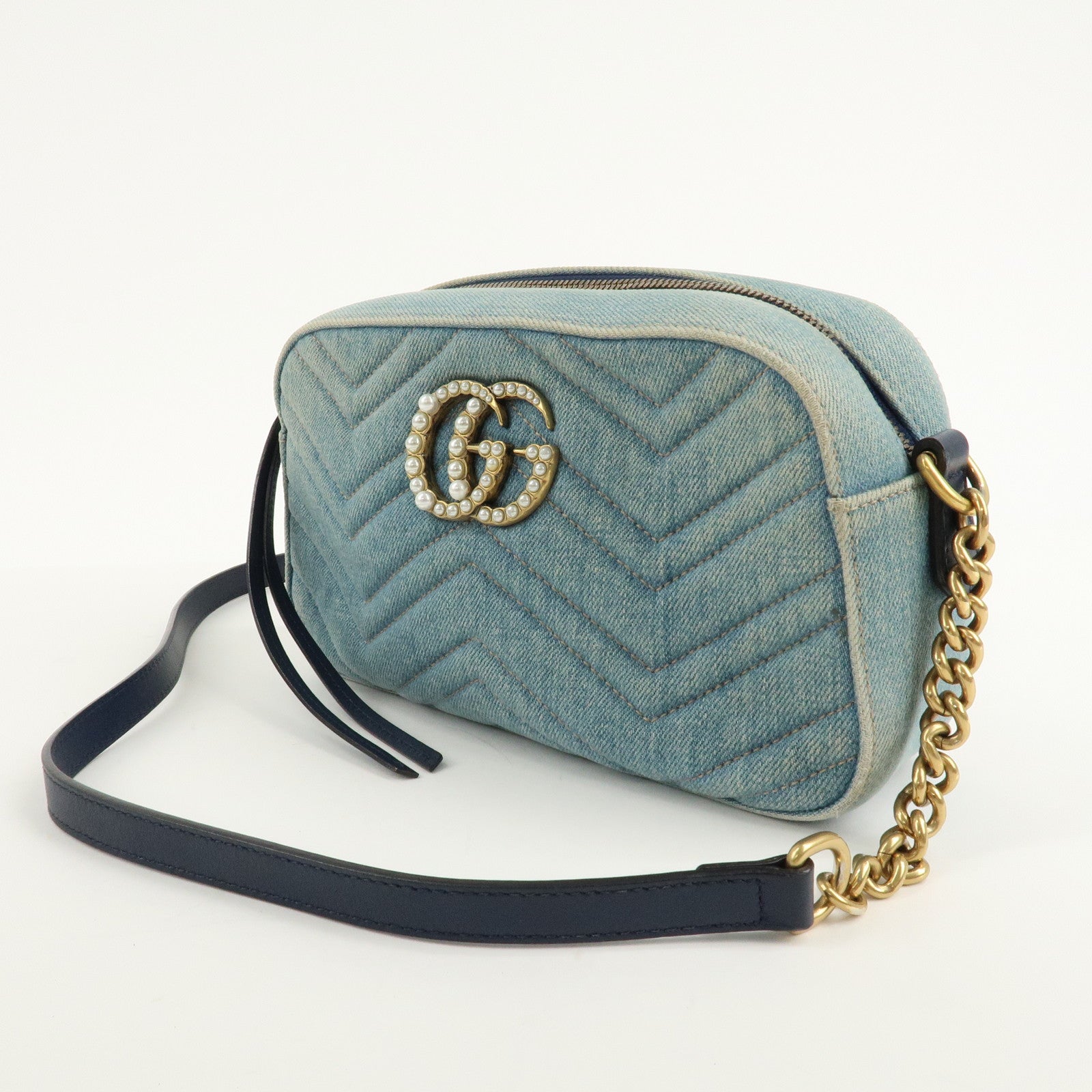 GUCCI GG Marmont Denim Leather Chain Shoulder Bag LIght Blue447632