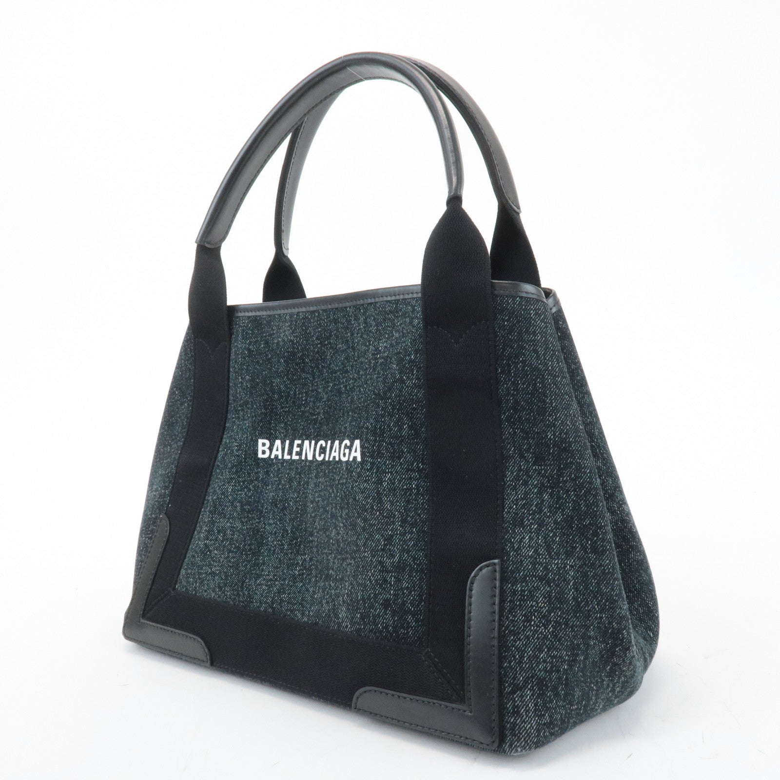 BALENCIAGA Navy Cabas S Canvas Leather Tote Hand Bag Navy 339933