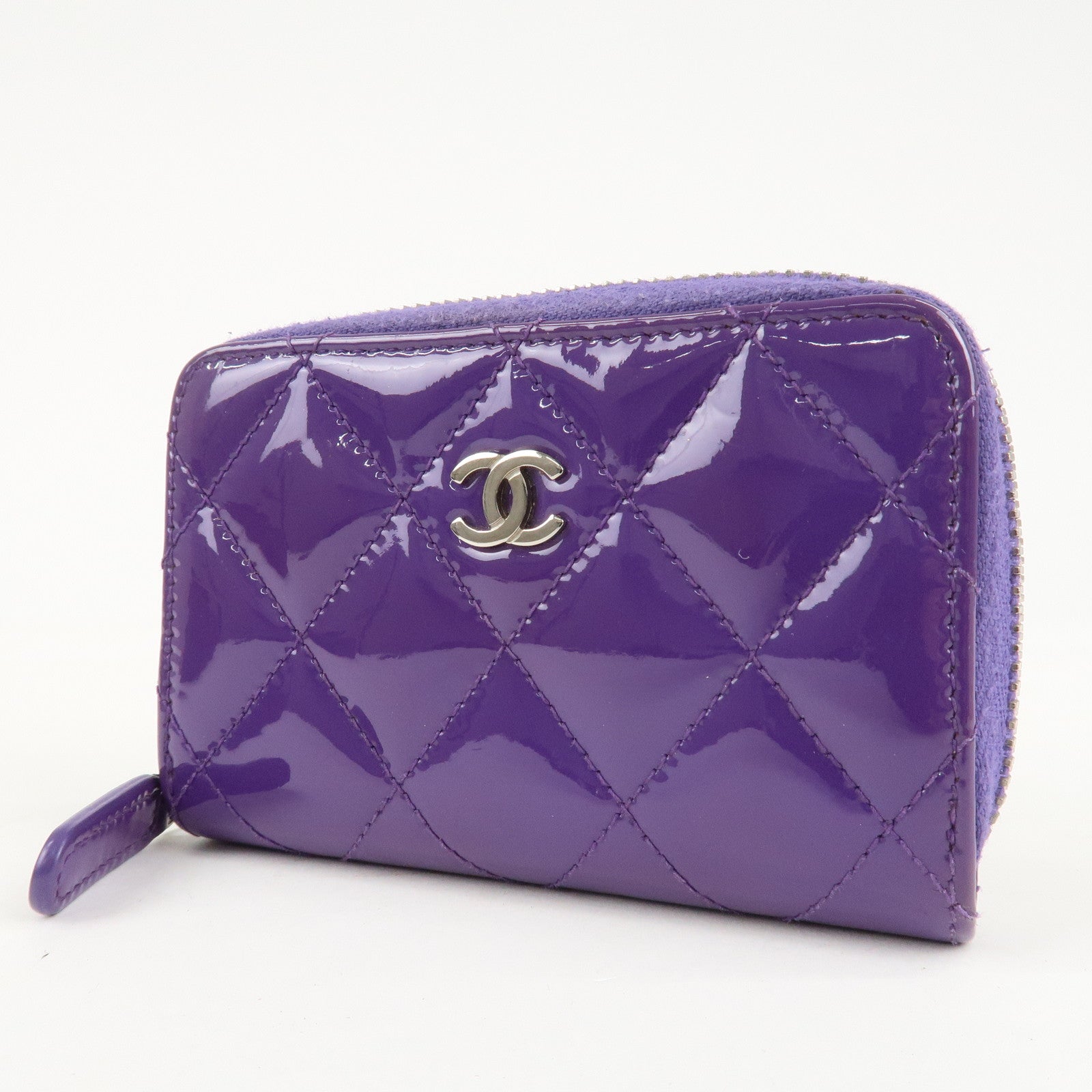 CHANEL Matelasse Patent Leather Card Case Coin Case Purple