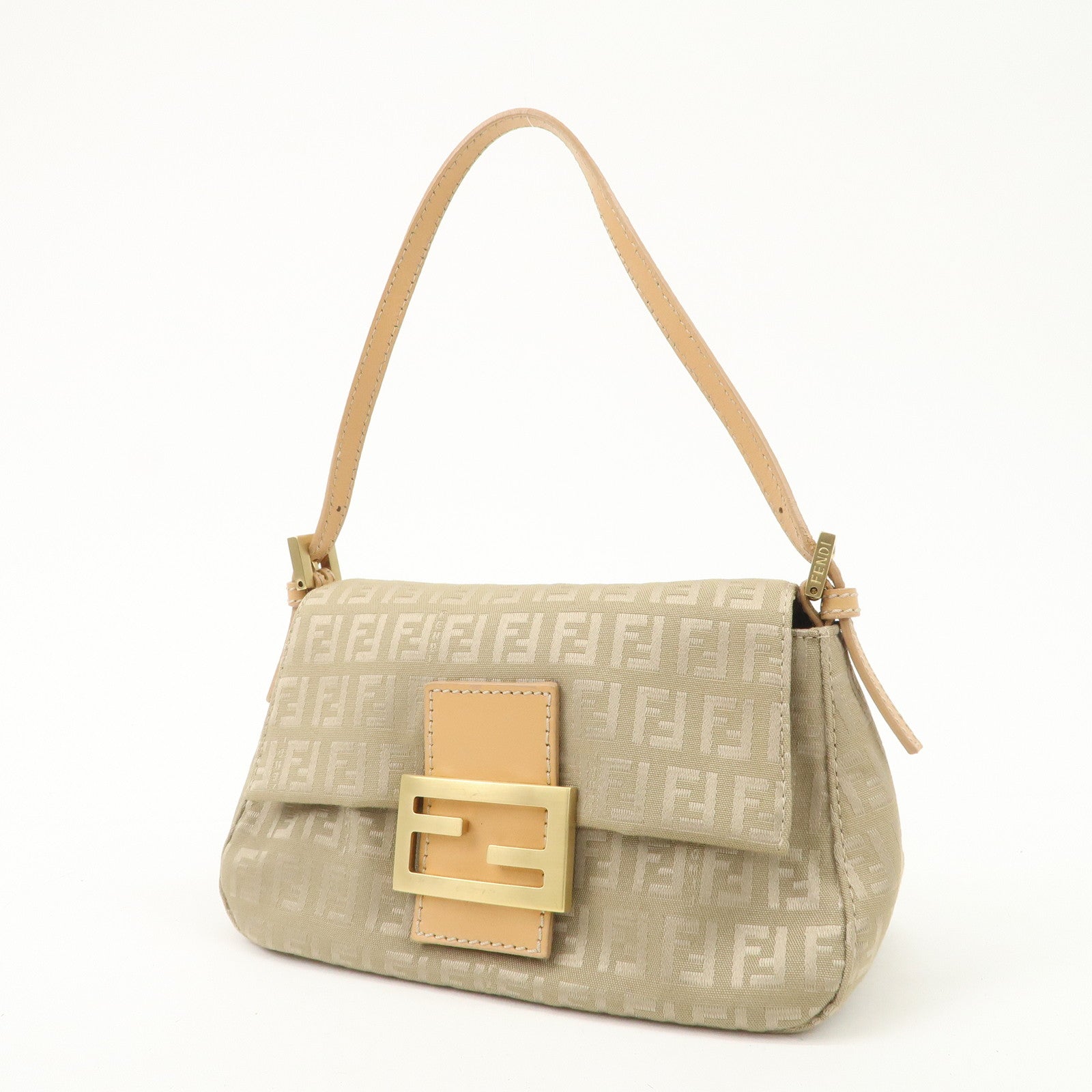 FENDI Mini Mamma Baguette Zucchino Canvas Leather Shoulder Bag Used