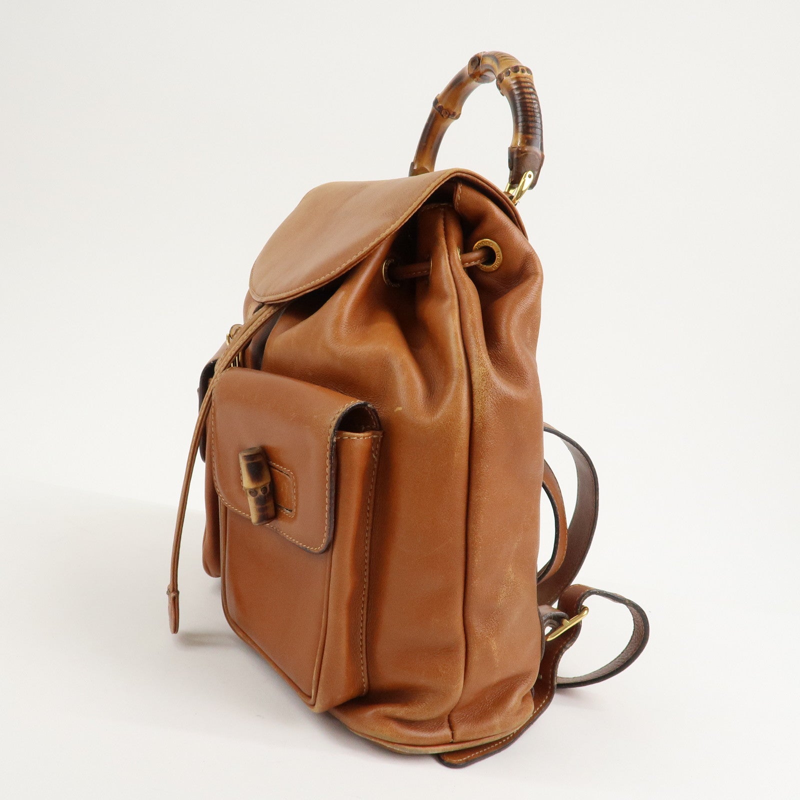 GUCCI Bamboo Suede Leather Back Pack Rack Sack Brown 003.1998