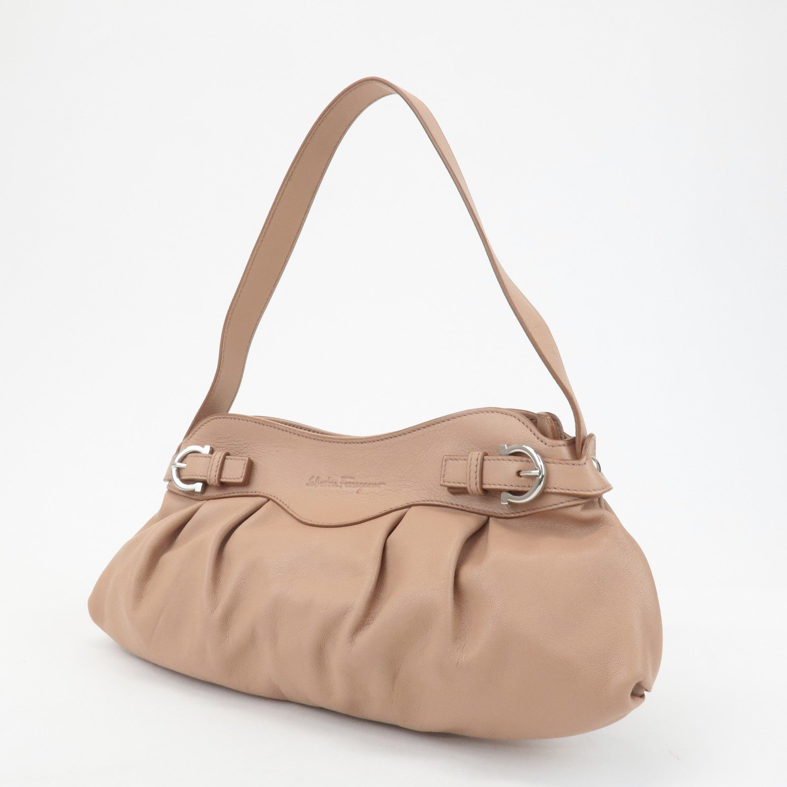 Ferragamo Gancini Leather Shoulder Bag Beige Silver Hardware Used