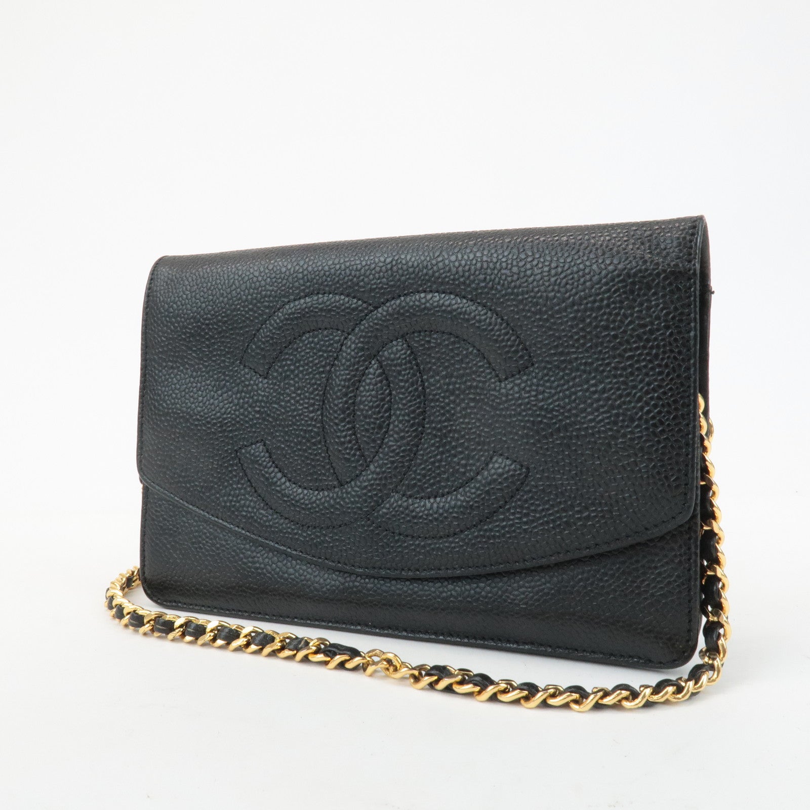 CHANEL COCO Mark Caviar Skin Chain Wallet WOC Black A13509 Used