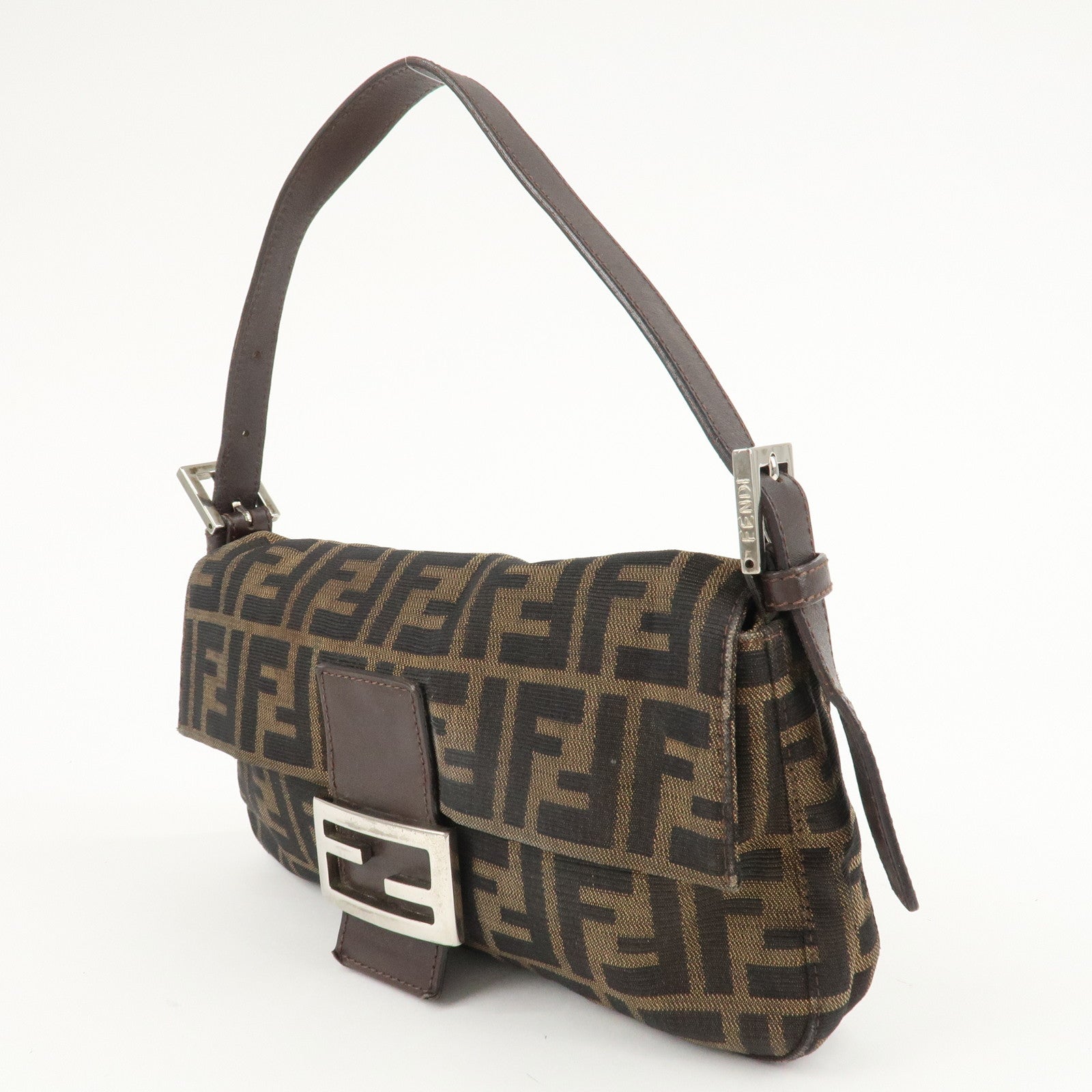 FENDI Mamma Baguette Zucca Canvas Leather Shoulder Bag Brown