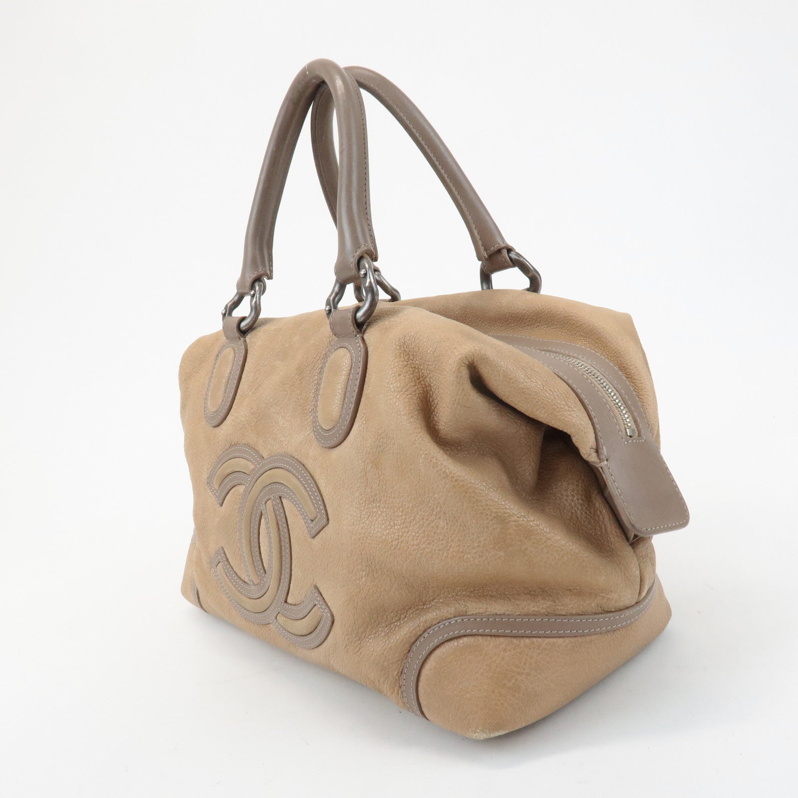 CHANEL COCO Mark Leather Boston Bag Brown Silver Hardware Used