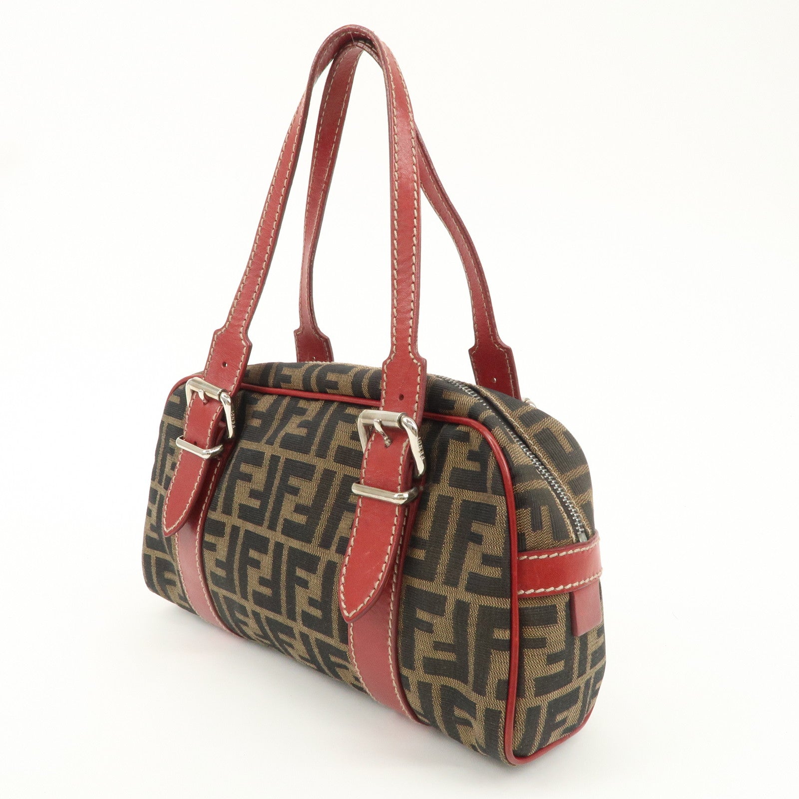 FENDI Zucca Canvas Leather Boston Bag Brown Black Red 8BR149