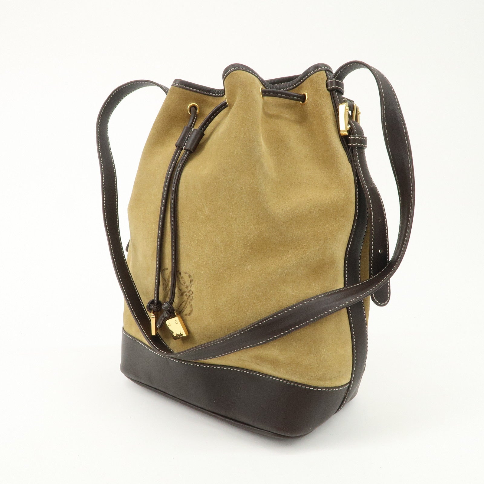 LOEWE Anagram Suede Leather Drawstring Shoulder Bag Beige Brown Used