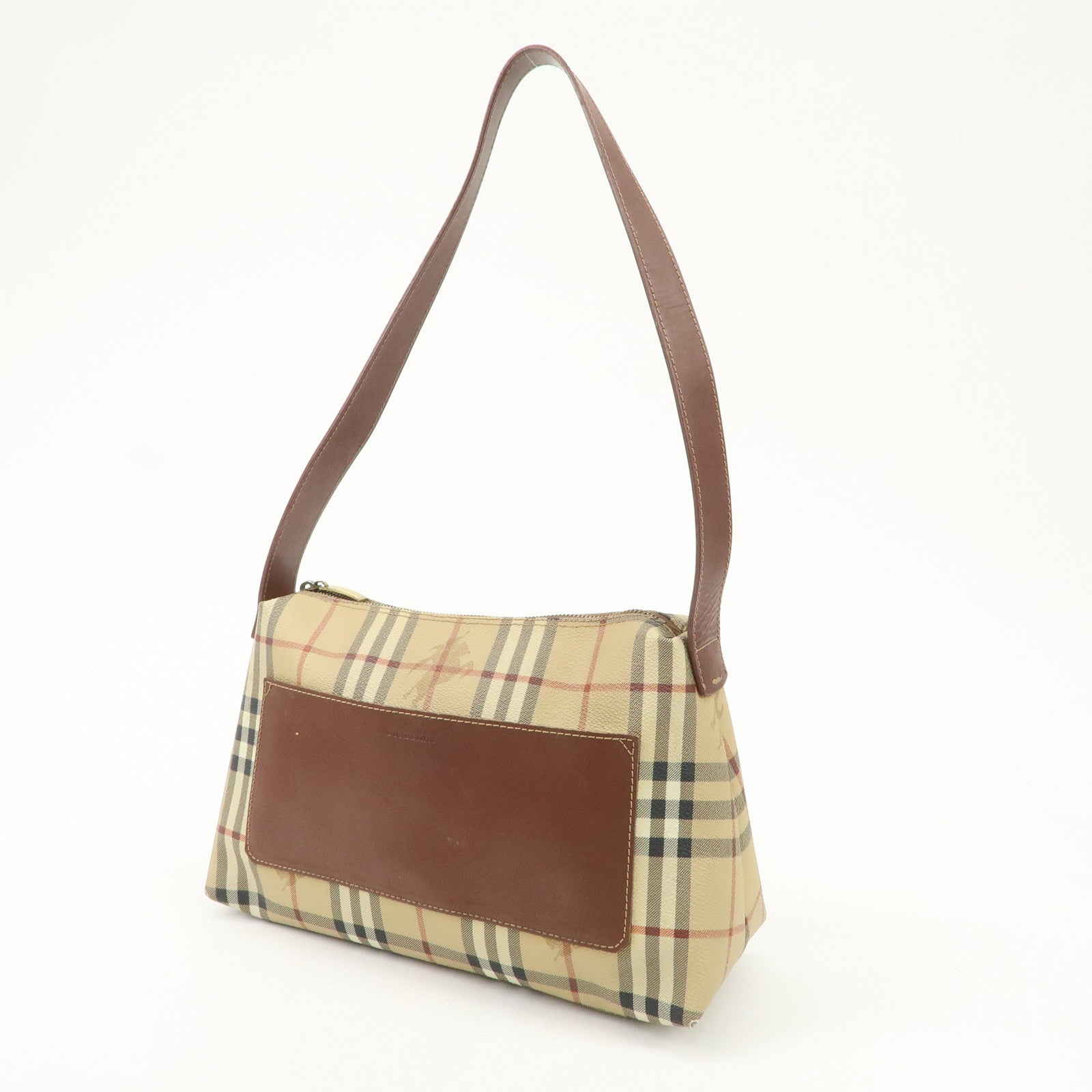 BURBERRY PVC Leather Shoulder Bag Nova Plaid Brown Pocket Used