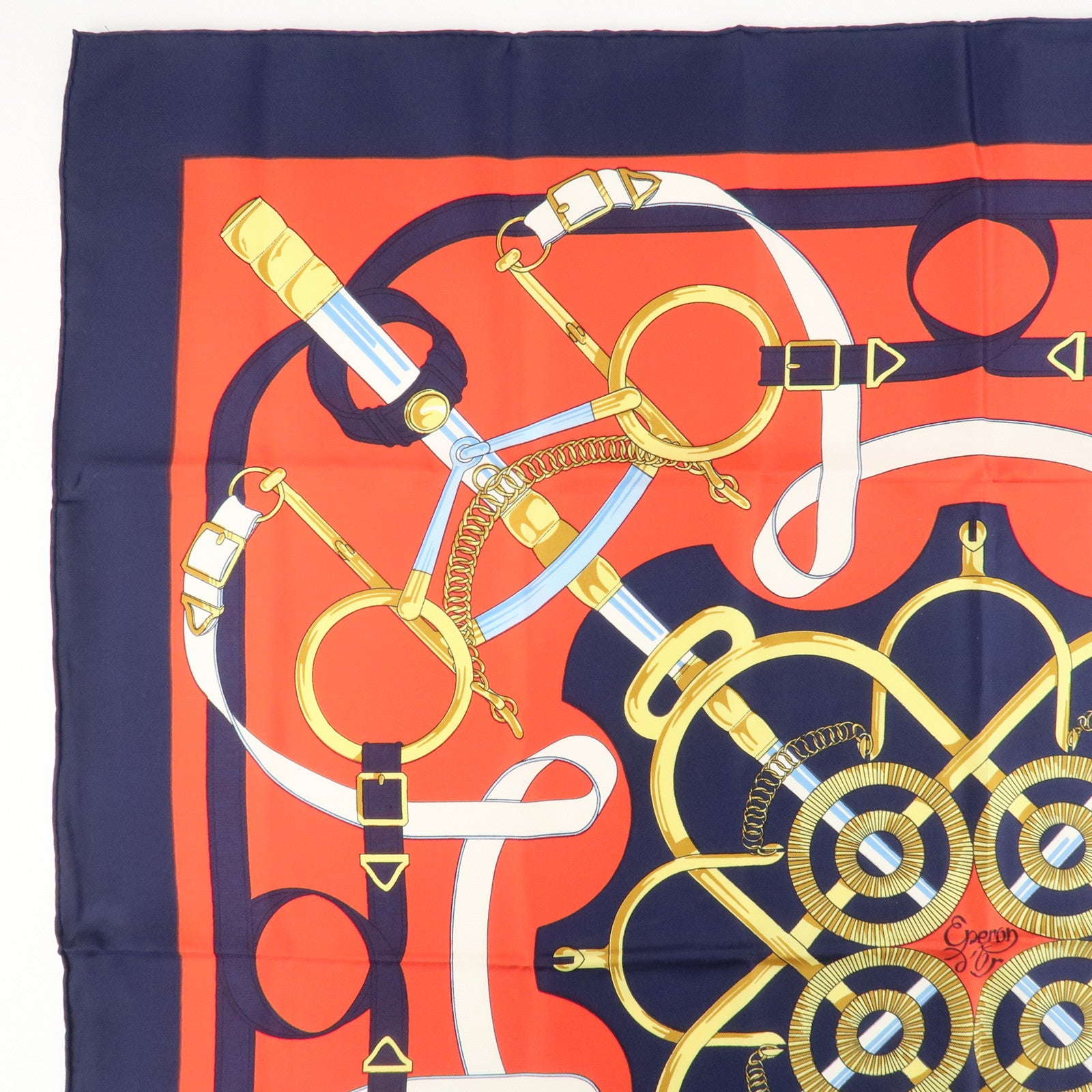 HERMES Carre 90 100% Silk Scarf Eperon d'or Red Navy Gold Used