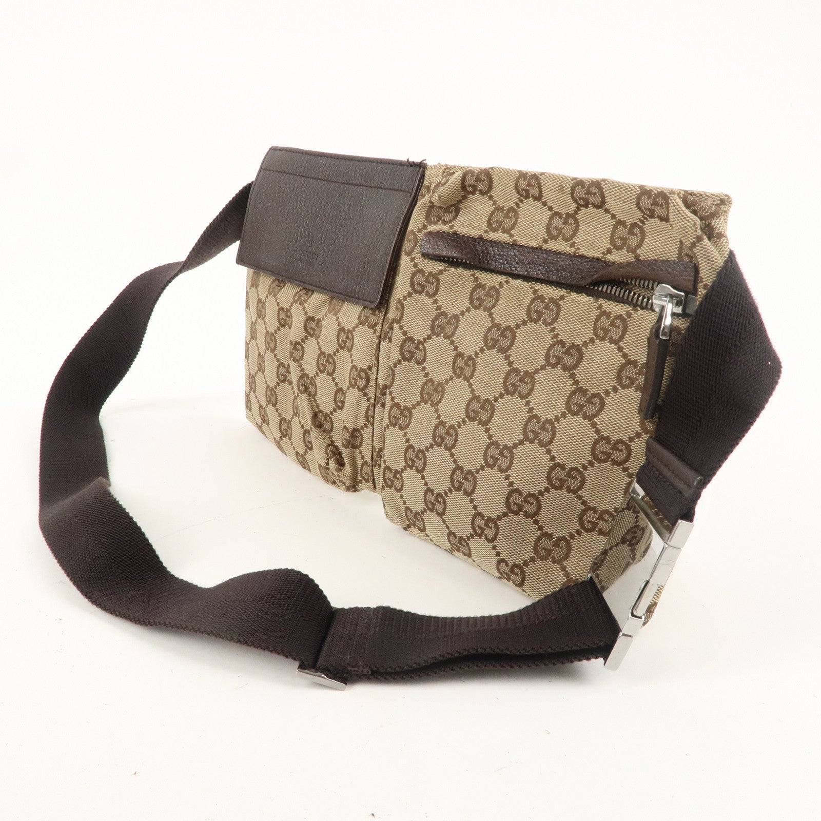 GUCCI GG Canvas Leather Waist Bag Crossbody Bag Beige Brown 28566