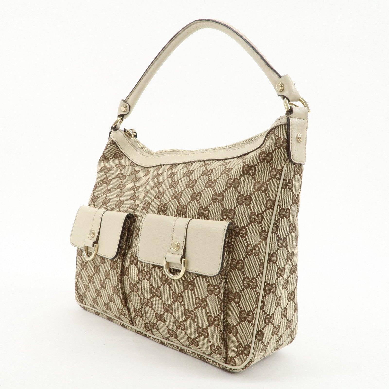 GUCCI GG Canvas Leather Shoulder Bag Beige Ivory 153025