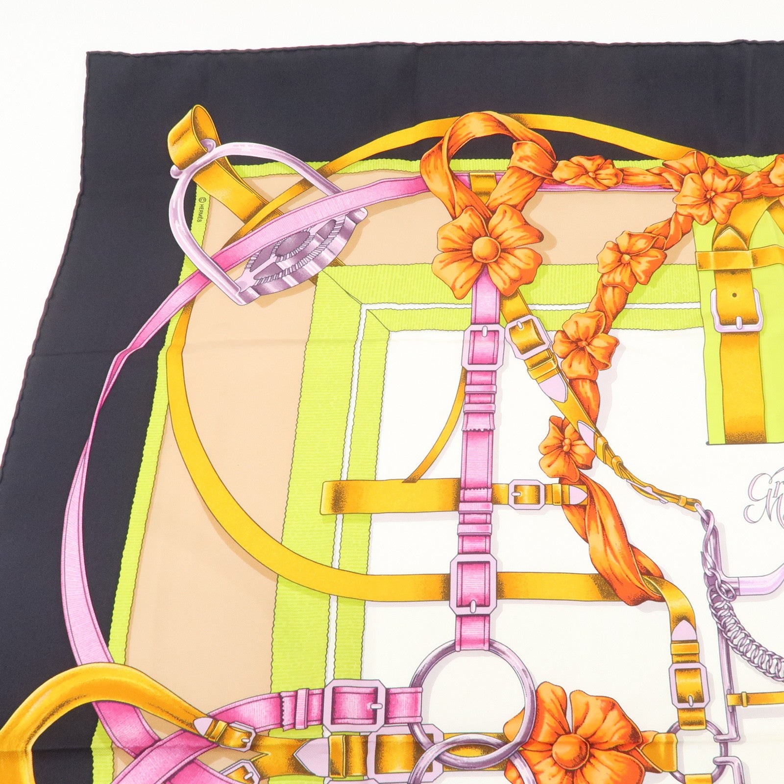 HERMES Carre 90 Silk 100% Scarf Crano Manege Black White Orange