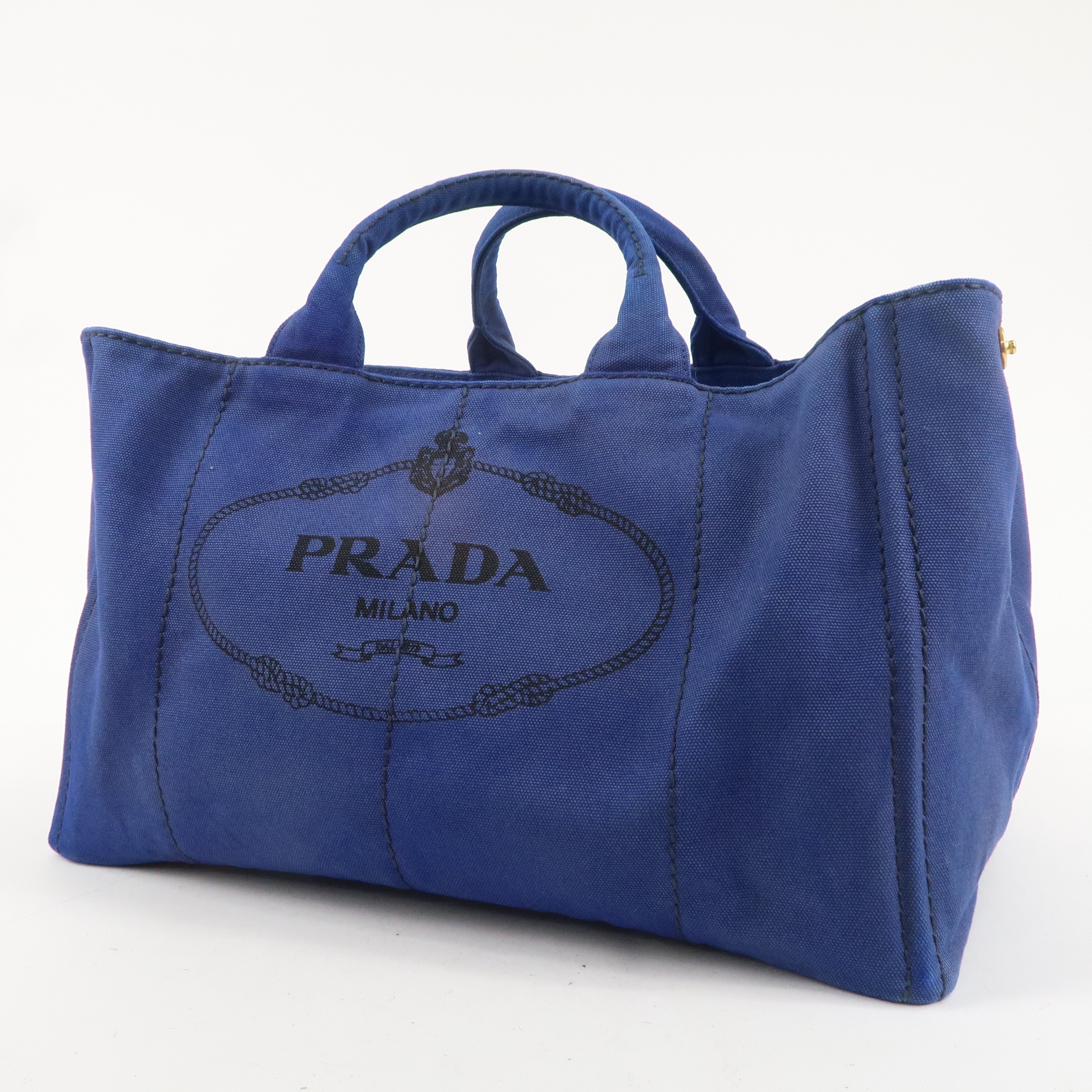 PRADA Logo Canapa Large Canvas 2Way Tote Bag Hand Bag Blue B1872G