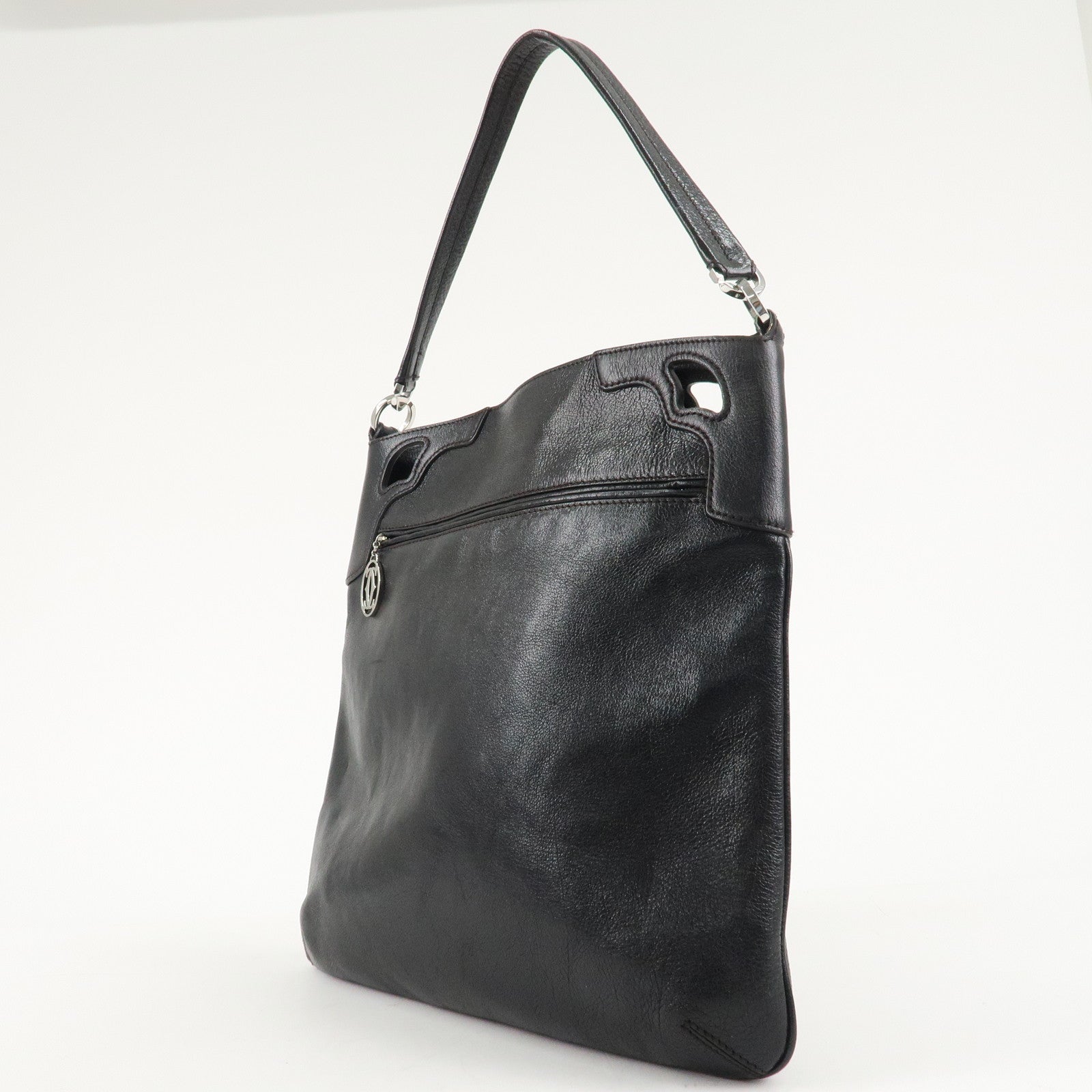 Cartier Leather Shoulder Bag Tote Bag Hand Bag Black Used