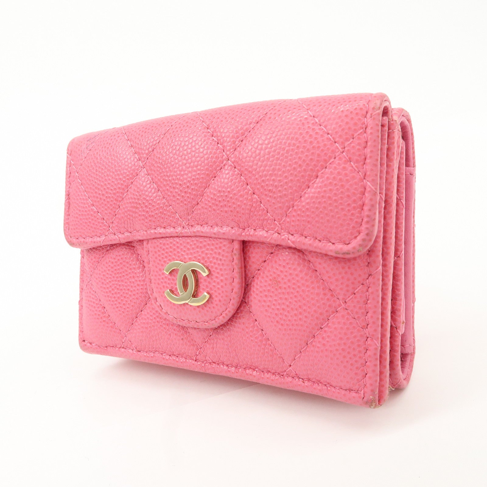 CHANEL Matelasse Caviar Skin Tri-Fold Wallet Pink A84401 Used