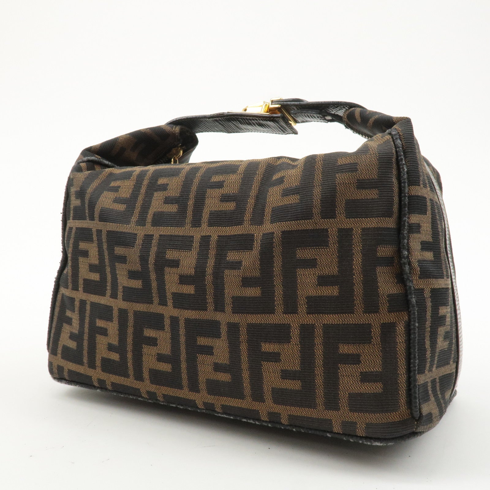 FENDI Zucca Canvas Leather Vanity Bag Khaki Brown Black