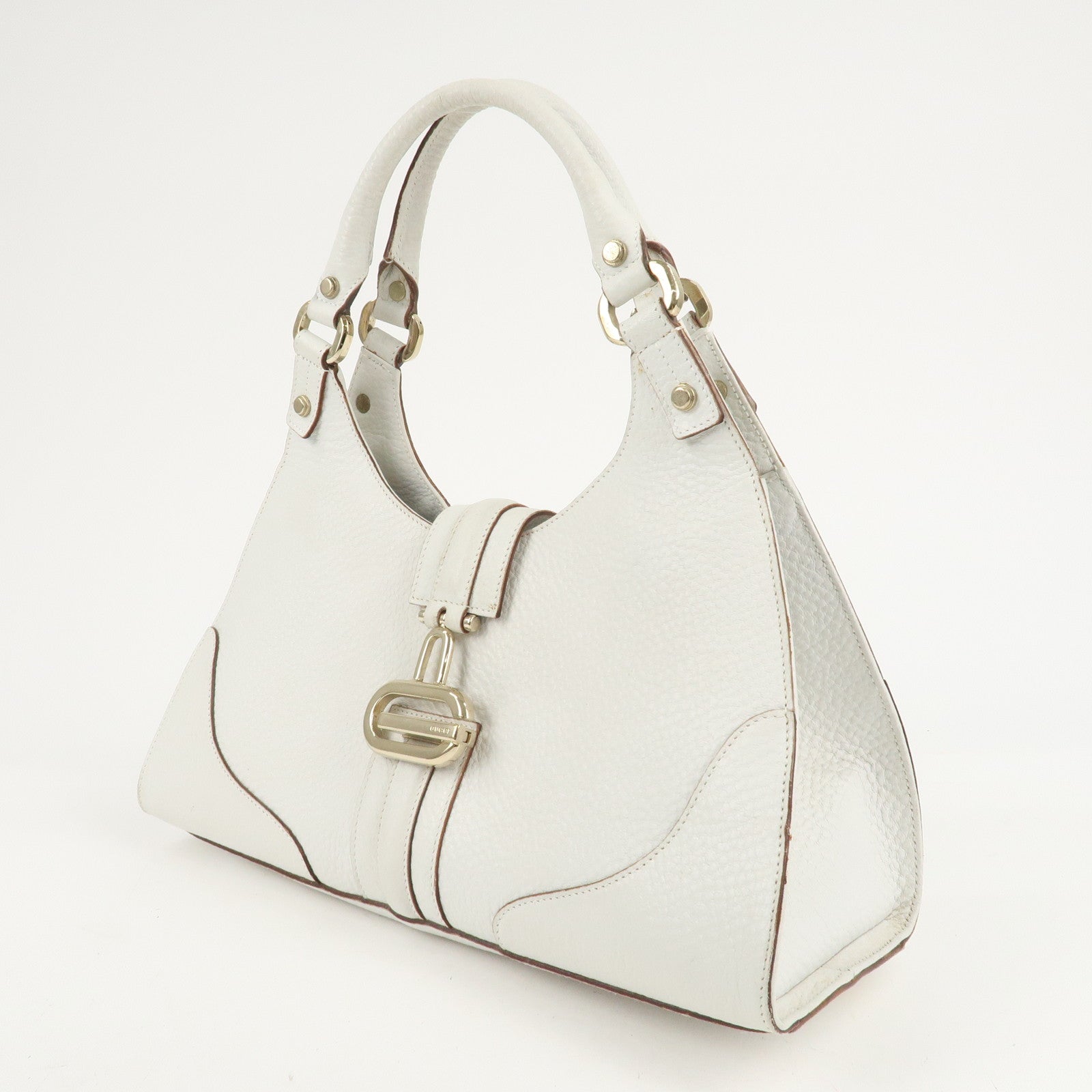 GUCCI Leather Shoulder Bag Hand Bag White Gold HDW 130995