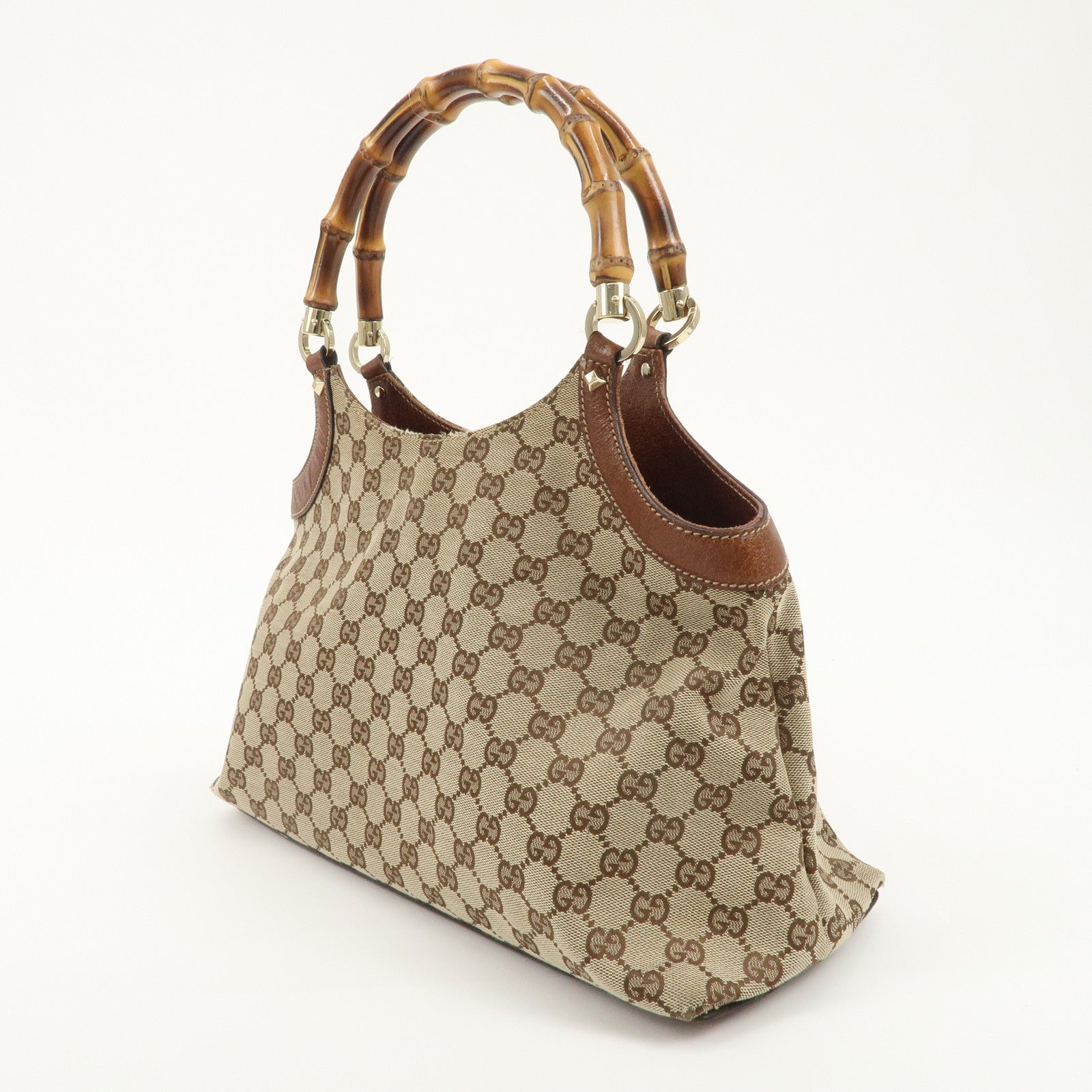 GUCCI Bamboo GG Canvas Leather Shoulder Bag Beige Brown 137395