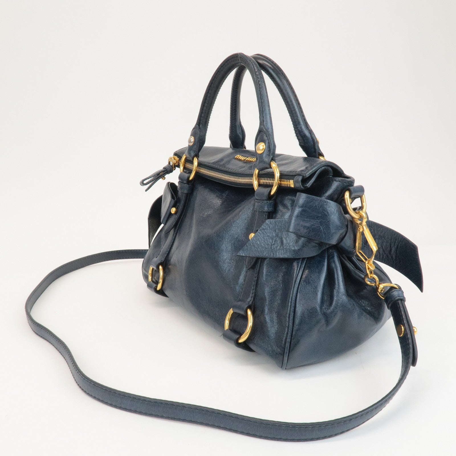 MIU MIU Ribbon Leather 2Way Shouder Bag Hand Bag Navy