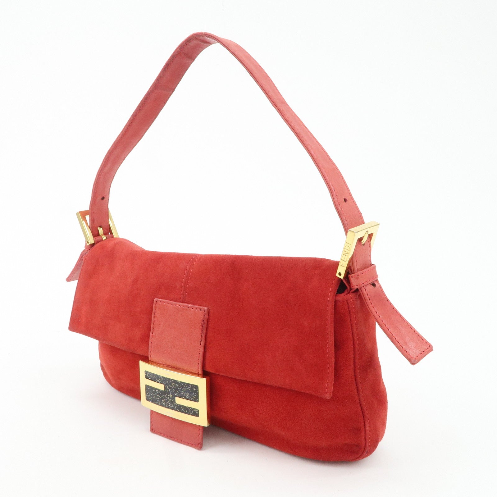 FENDI Mamma Baguette Suede Leather Shoulder Bag Red 26424