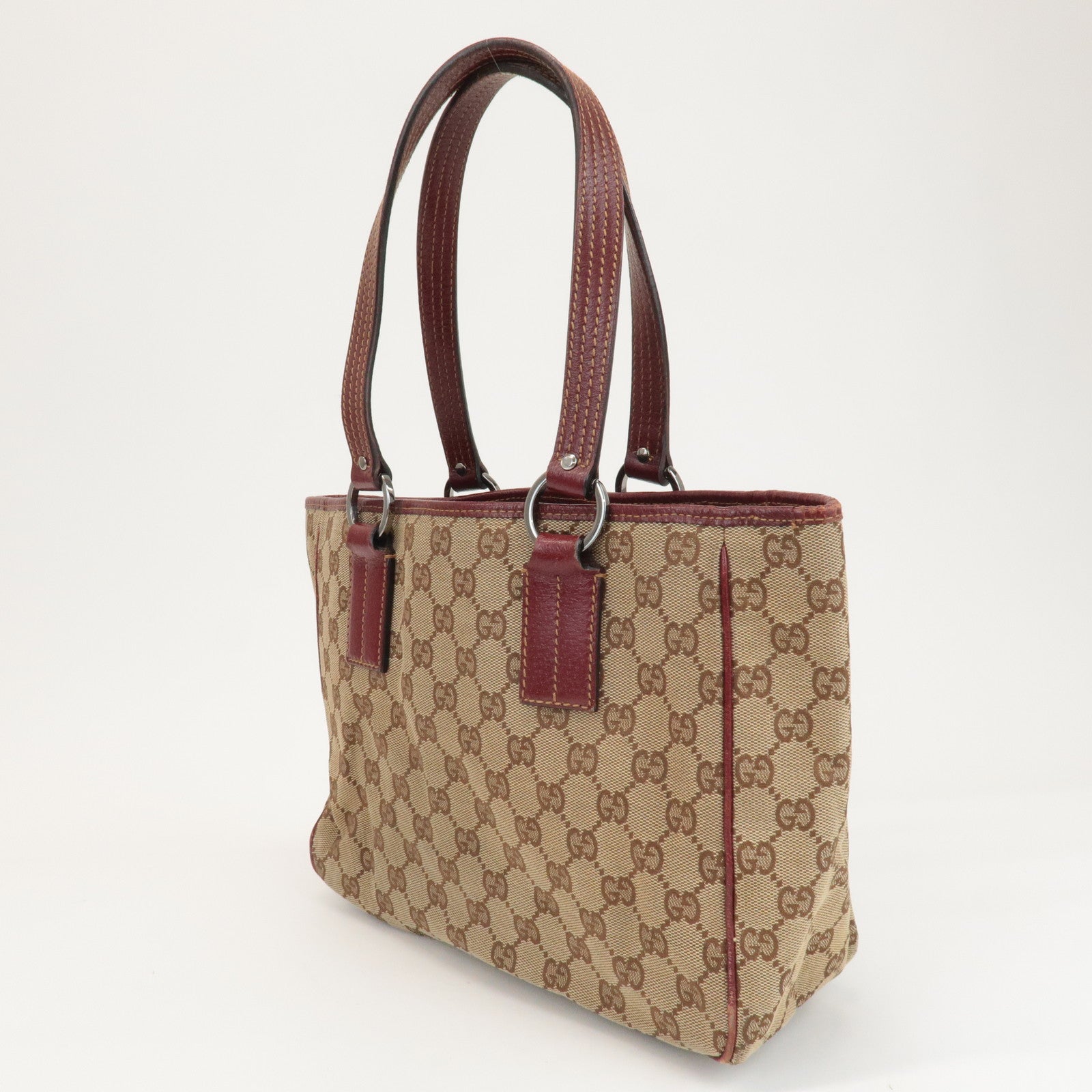 GUCCI GG Canvas Leather Tote Bag Hand Bag Beige Bordeaux 113019