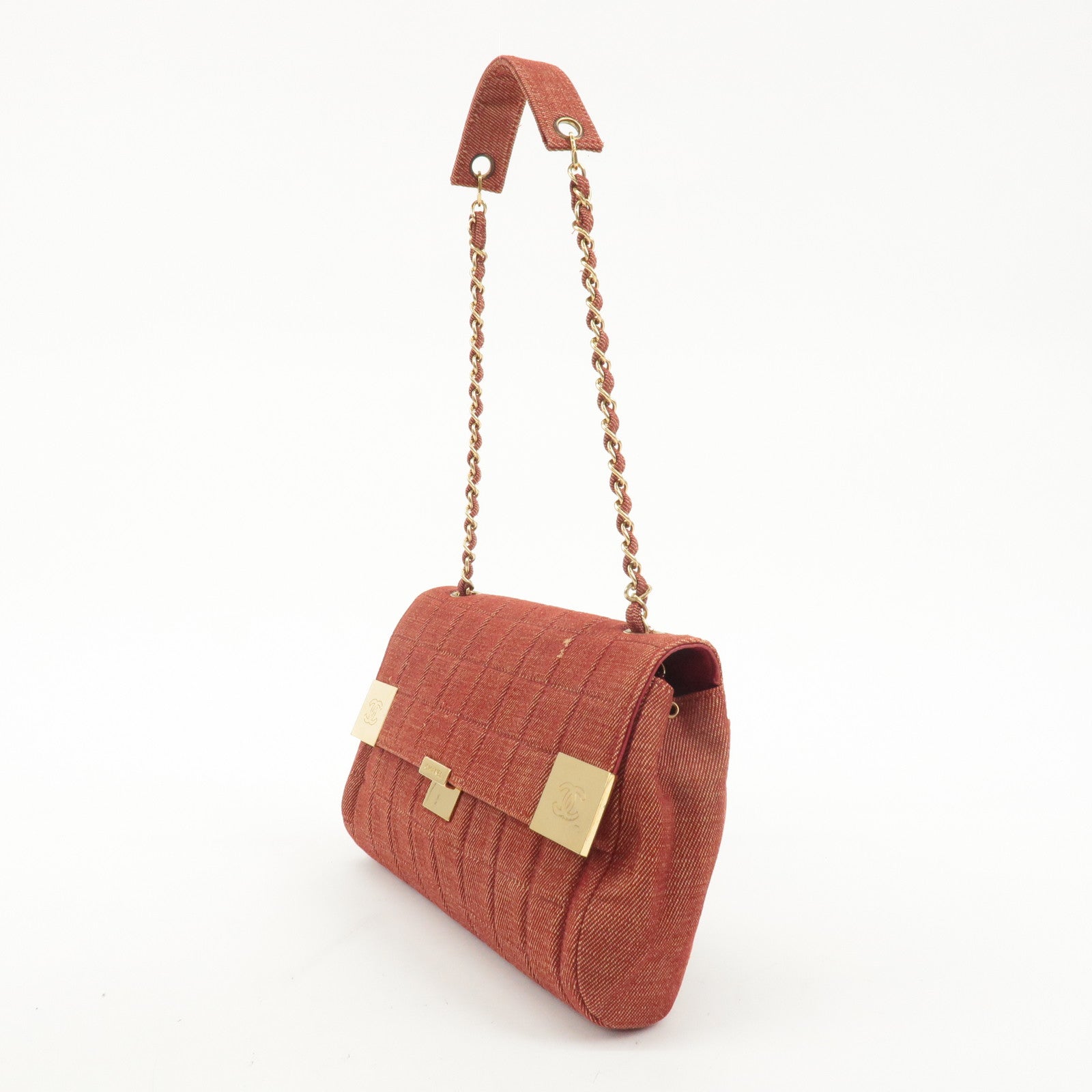 CHANEL Chocolate Bar Canvas Chain Shoulder Bag Red Gold