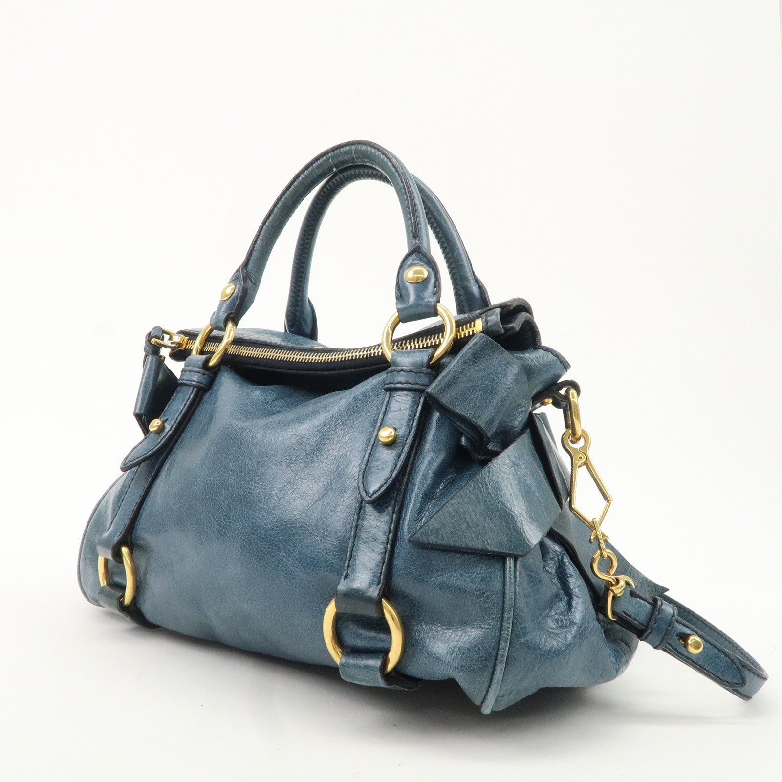 MIU MIU Logo Leather 2Way Bag Hand Bag Shoulder Bag Blue RT0438