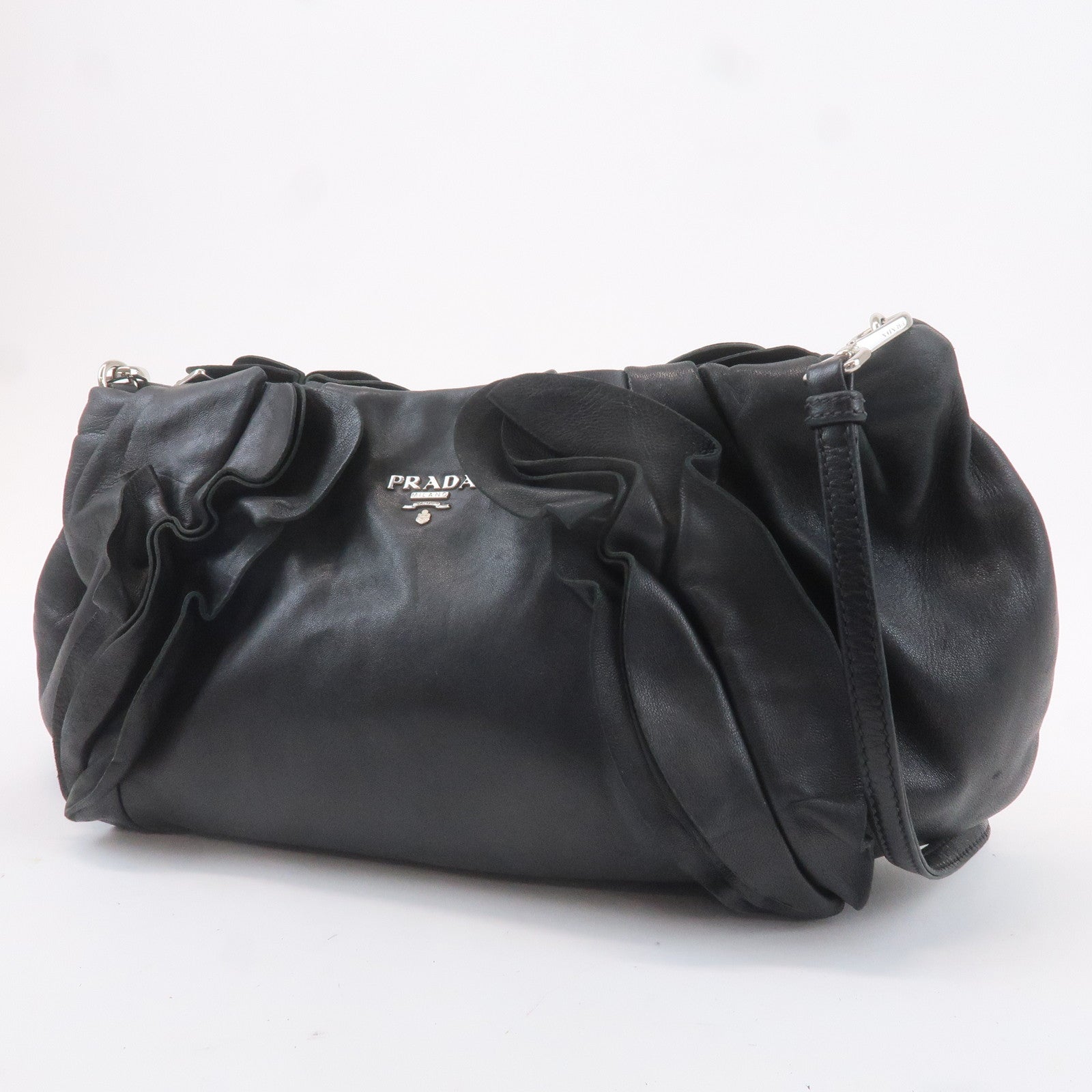 PRADA Leather Gathered Shoulder Bag Black