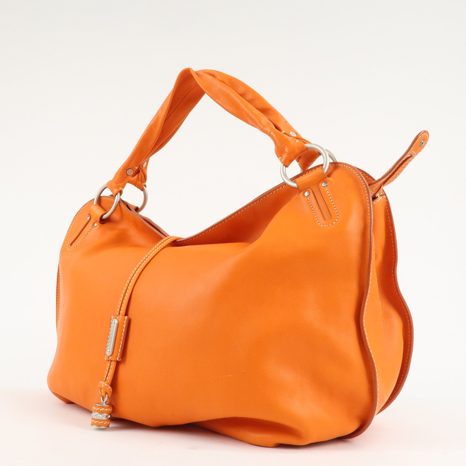 CELINE Leather Shoulder Bag Hand Bag Orange Silver HDW Used