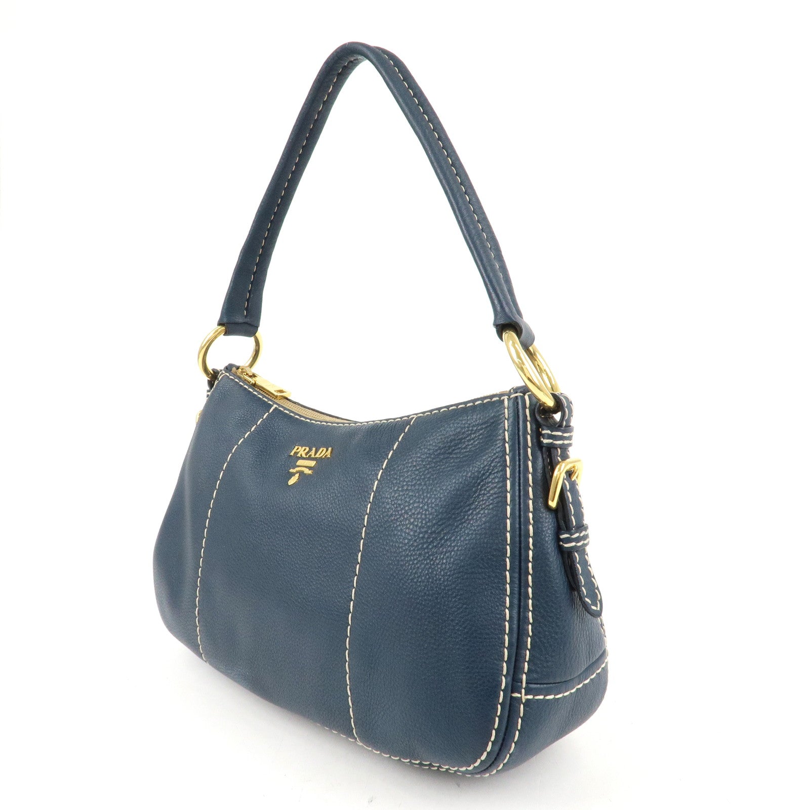 PRADA Soft Calf Leather Shoulder Bag Hand Bag Blue BR4690