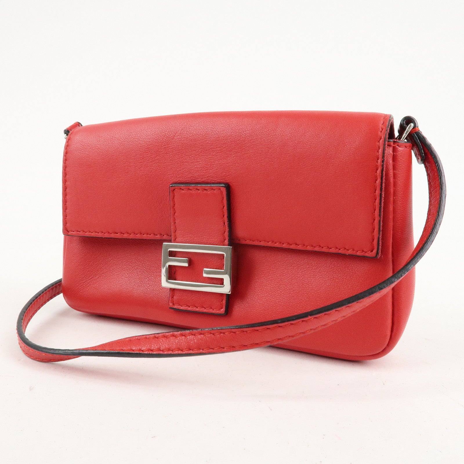 FENDI Micro Baguette Leather Shoulder Bag Red 8M0354