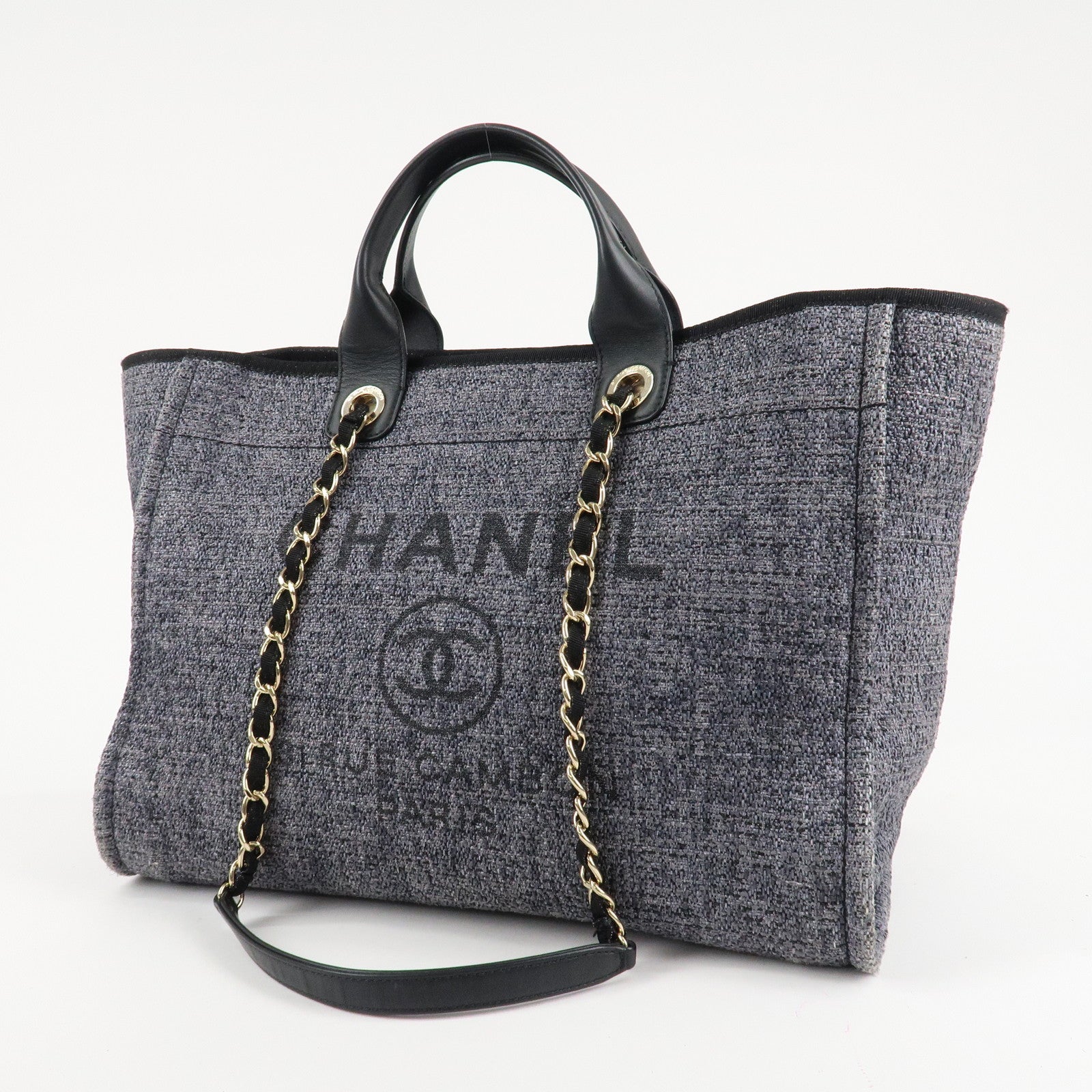 CHANEL Deauville Raffia Leather Chain Tote Bag GM A66941 Navy