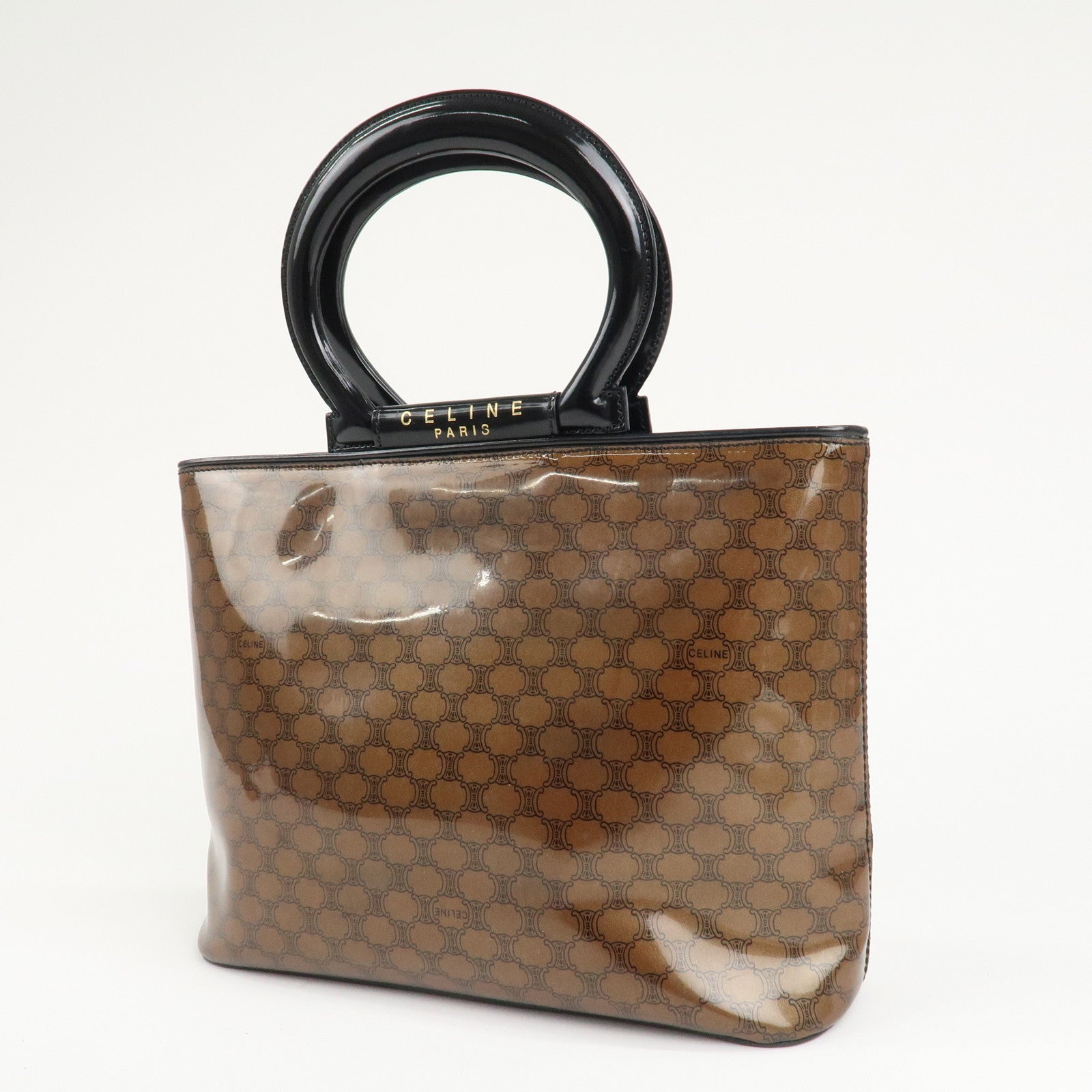 CELINE Macadam Patent Leather Mini Tote Bag Hand Bag Brown Black Used