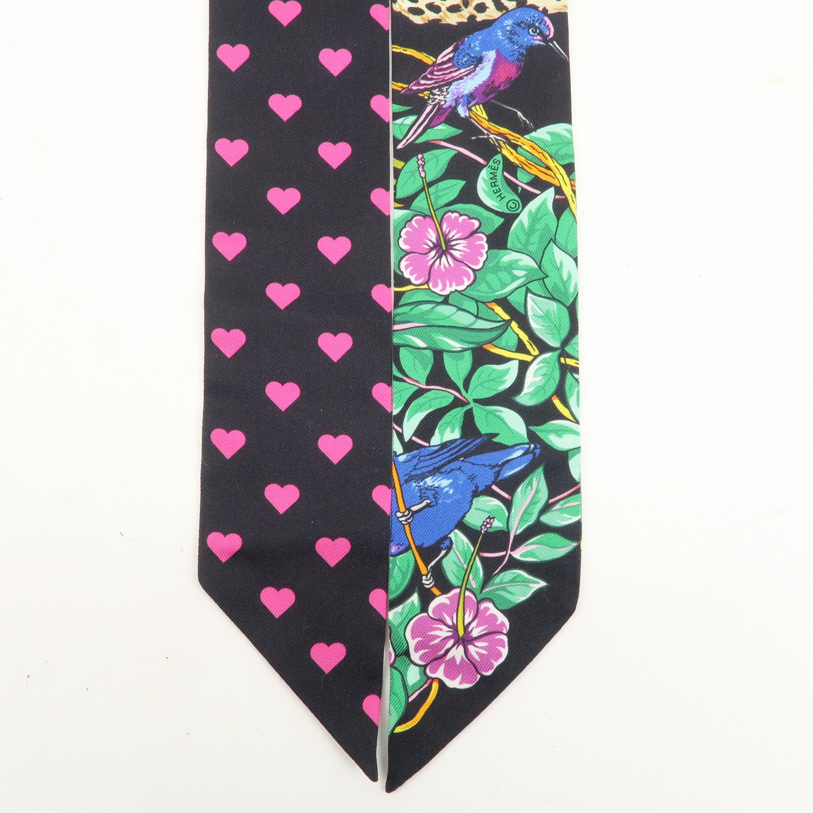 HERMES 100% Silk Twilly Scarf JUNGLE LOVE LOVE Black Yellow Pink Used