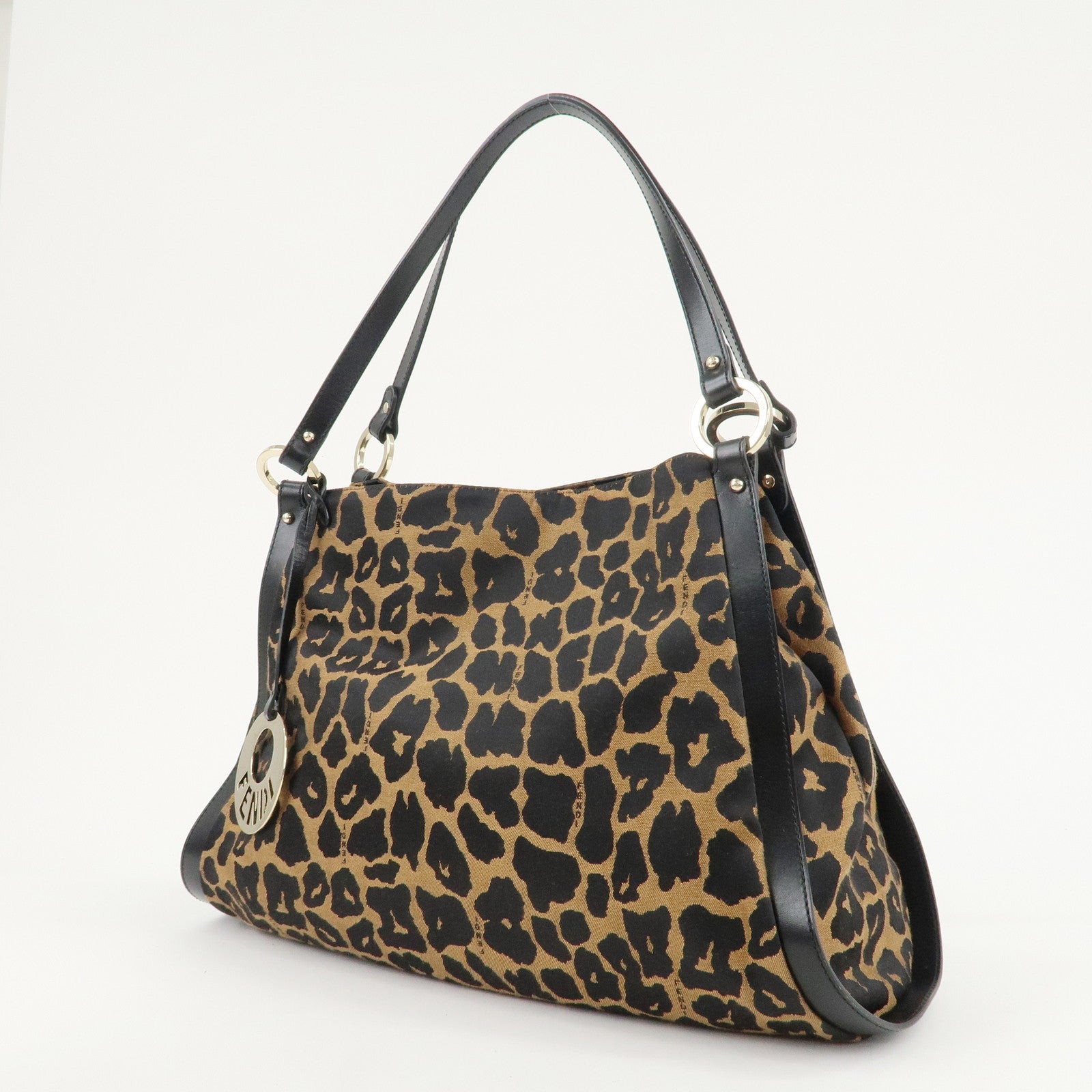 FENDI Canvas Leather Shoulder Bag Tote Bag Leopard 8BR652