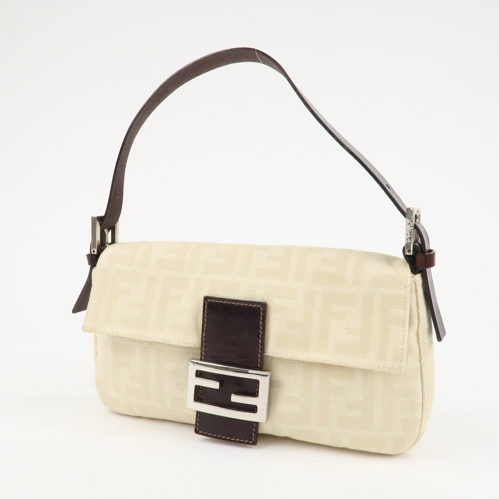 FENDI Mamma Baguette Zucca Canvas Shoulder Bag Beige White 26424 Used