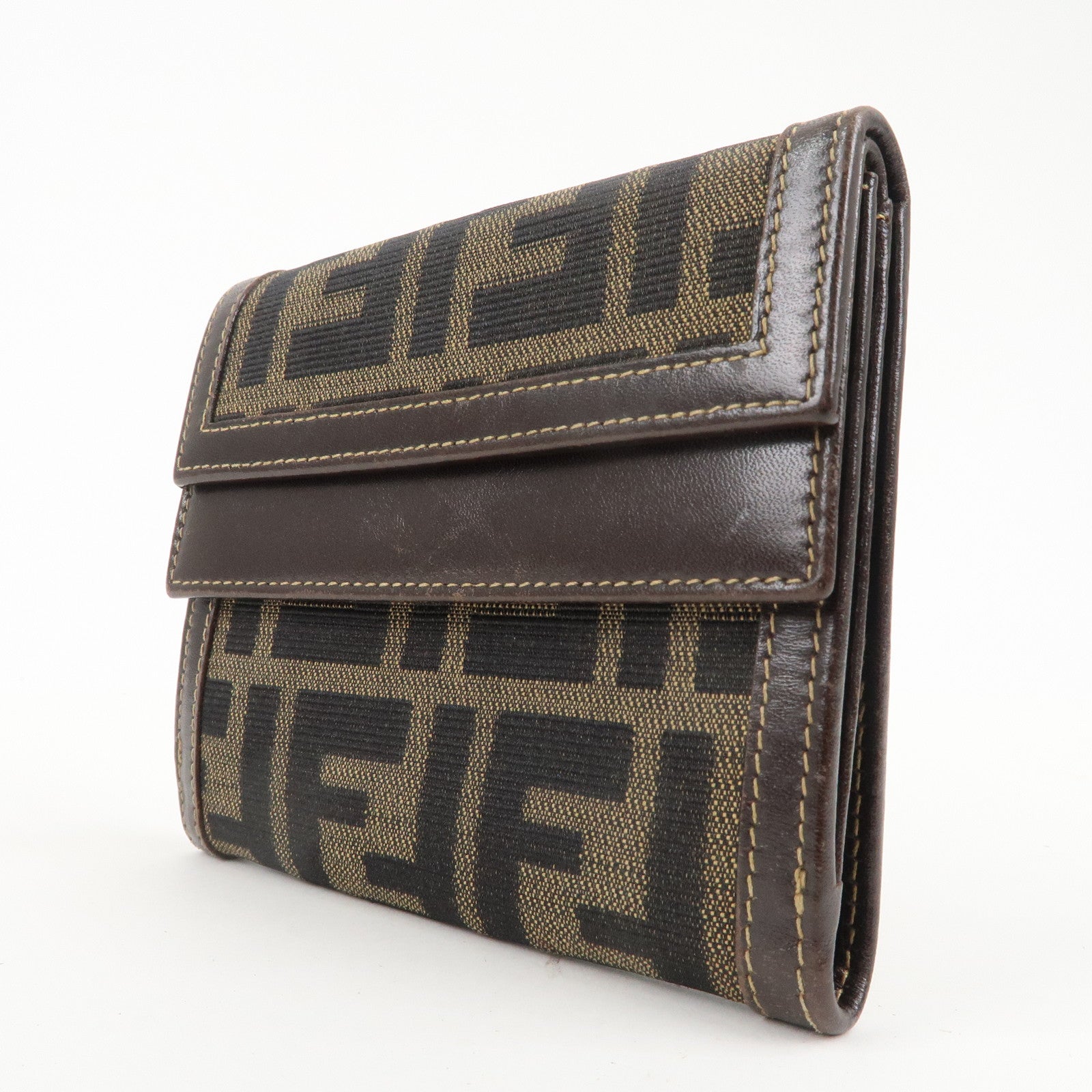 FENDI Zucca Canvas Leather Bi-fold Wallet Brown Black 109