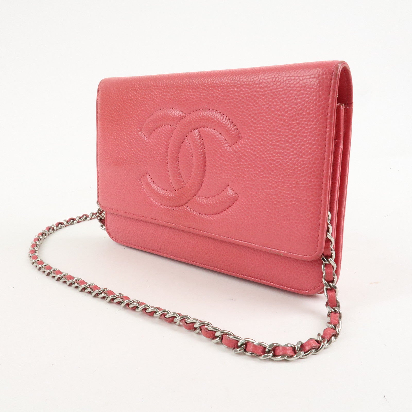 CHANEL COCO Mark Caviar Skin Chain Wallet WOC A48654 Pink Used