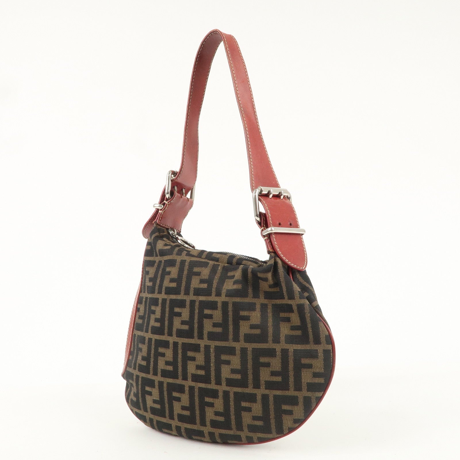 FENDI Zucca Canvas Leather One Shoulder Bag Brown Black Red 8BR128