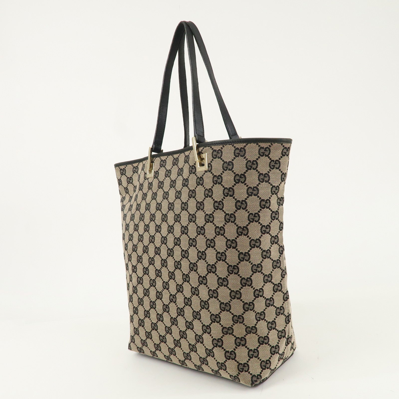 GUCCI GG Canvas Leather Tote Shoulder Bag Beige Black 002.1098