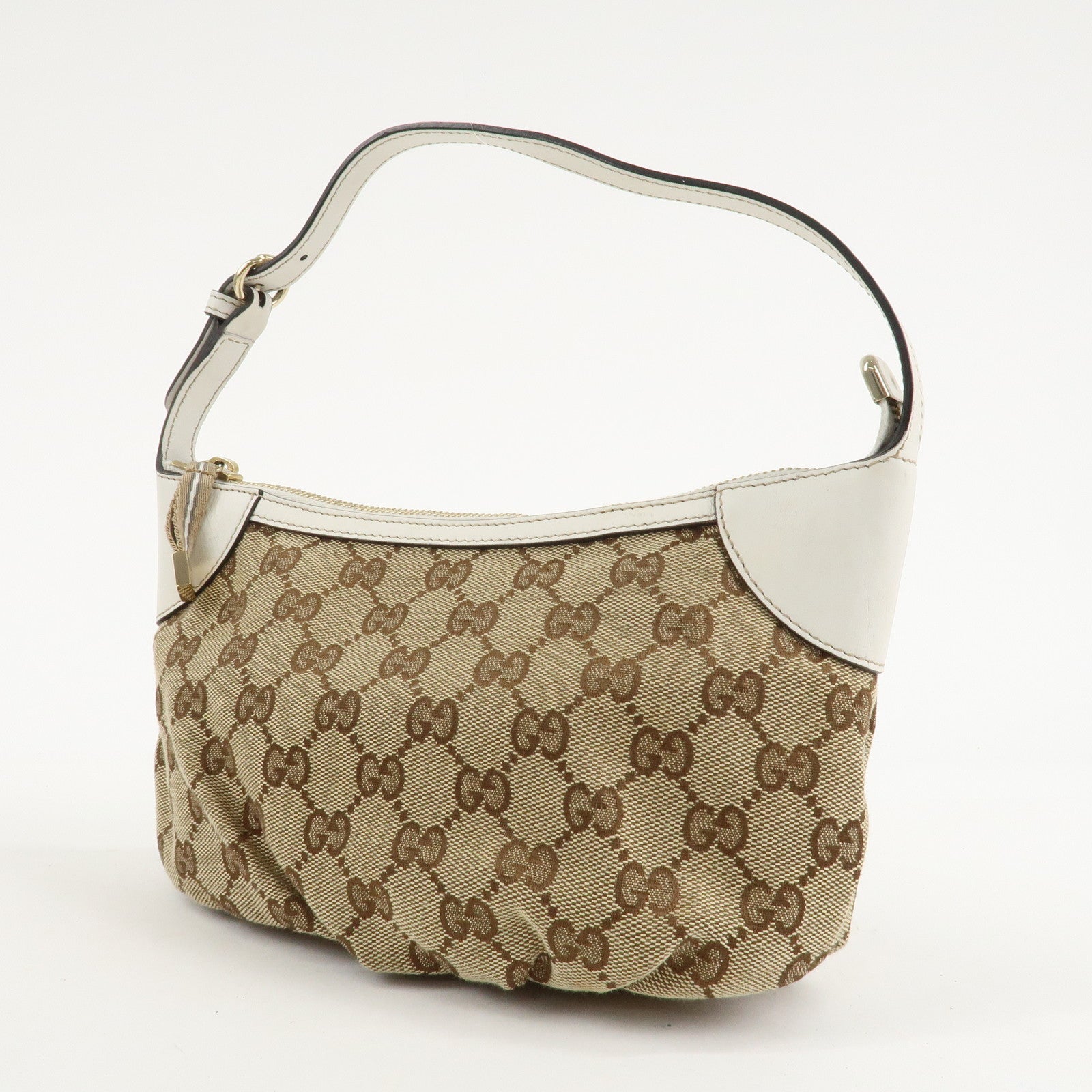GUCCI GG Canvas Leather Shoulder Bag Hand Bag Beige White 224093 Used