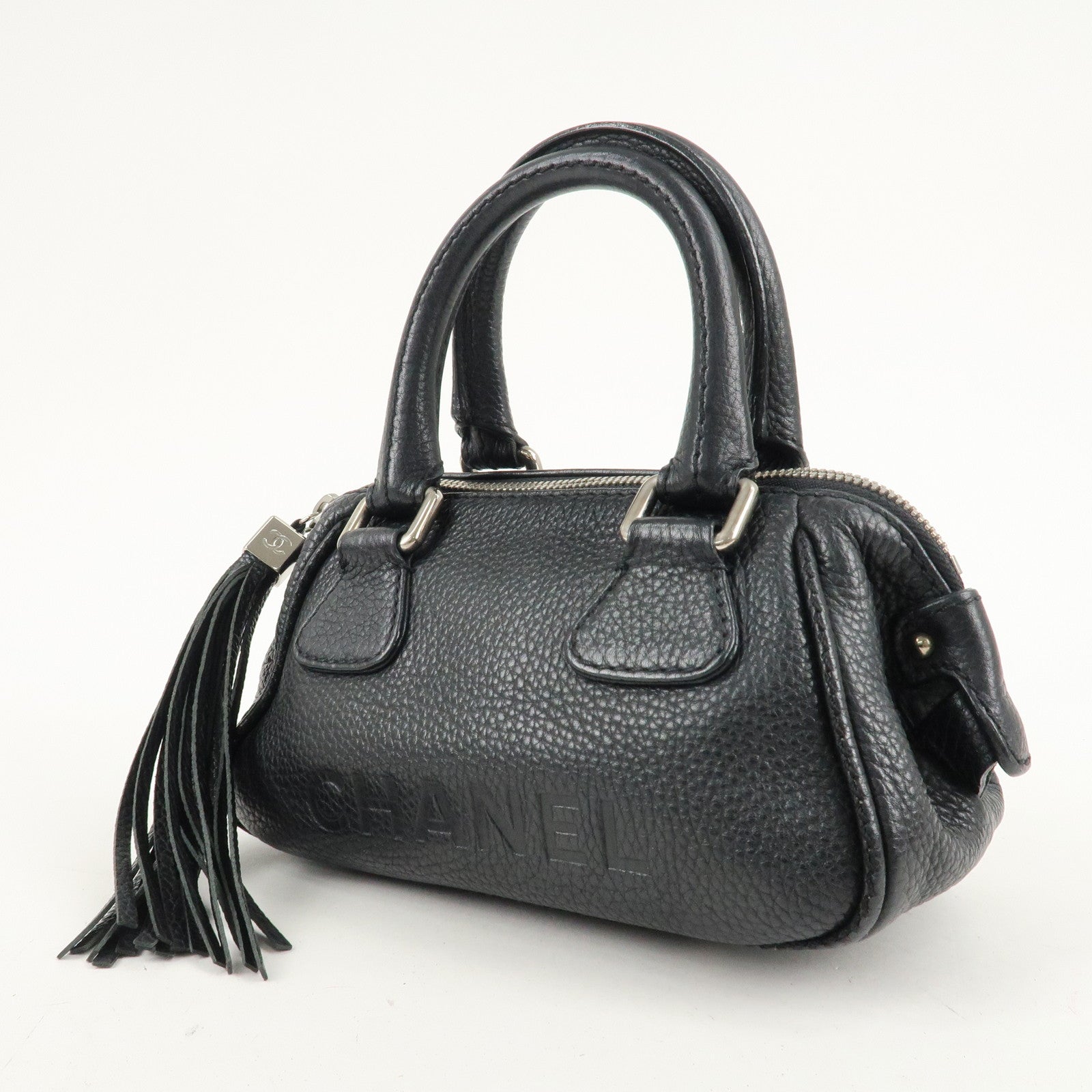 CHANEL Leather Mini Boston Bag Hand Bag Black A23050