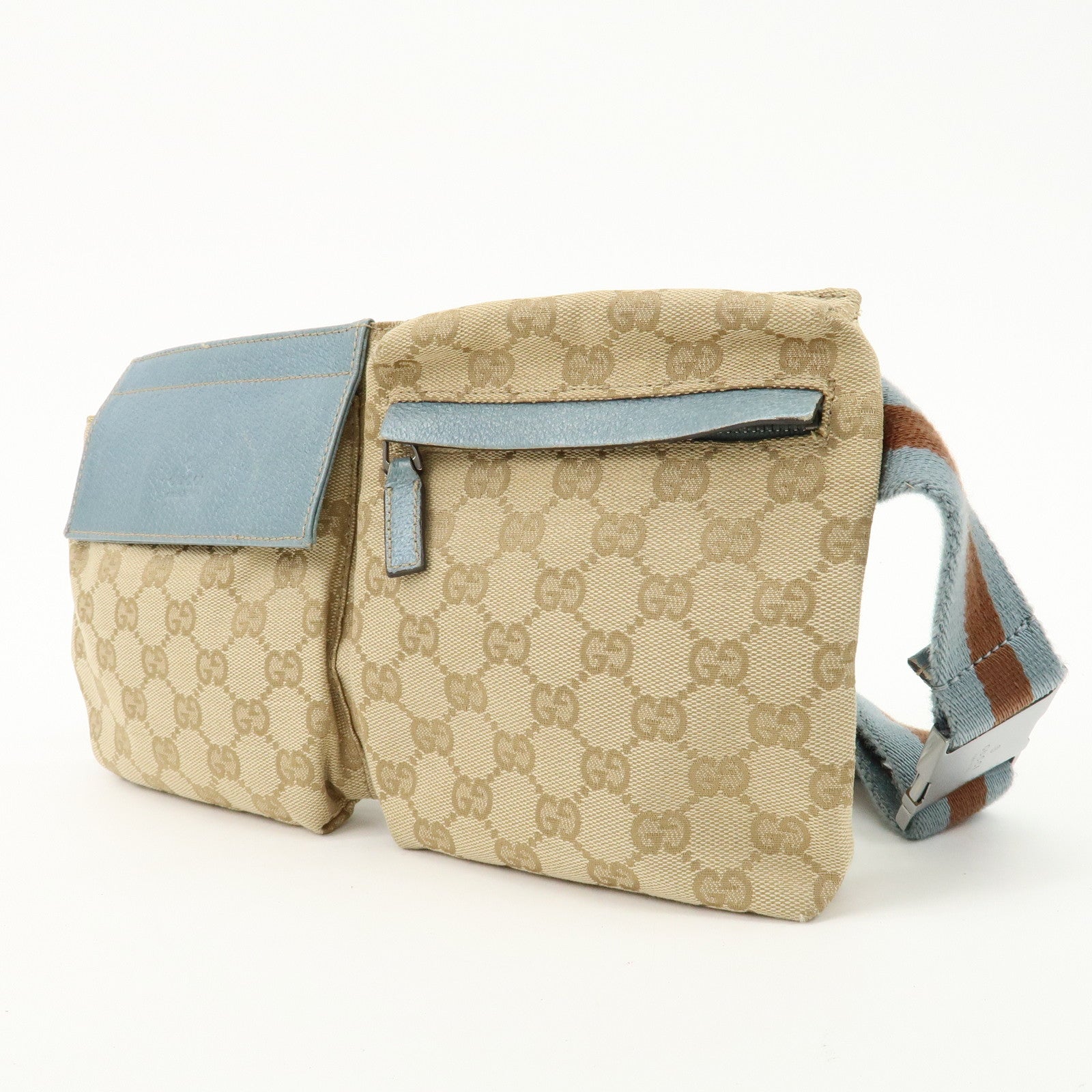 GUCCI GG Canvas Leather Waist Bag Crossbody Bag Beige Blue 28566