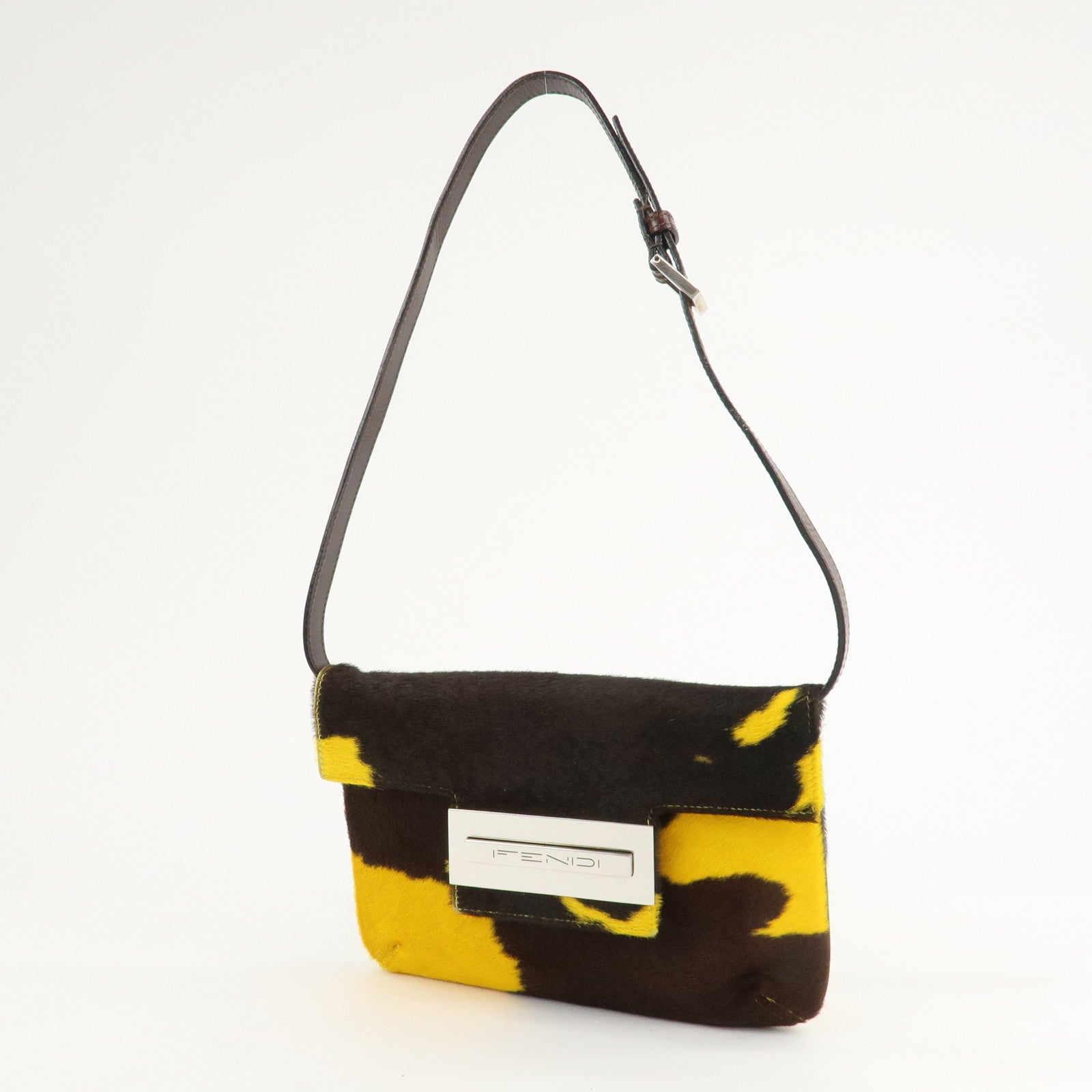 FENDI COW Unborn Calf Leather Shoulder Bag Yellow Brown