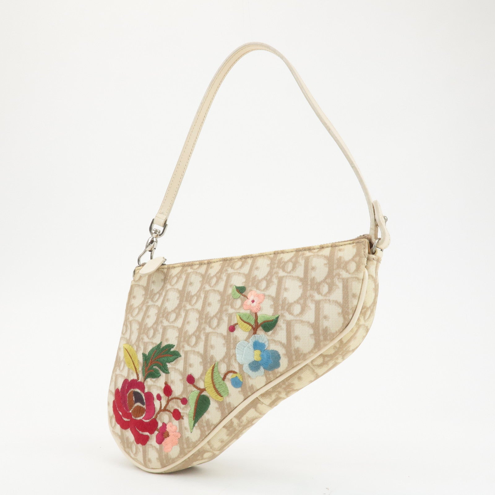 Christian Dior Trotter PVC Leather Saddle Pouch Flowers Embroidery