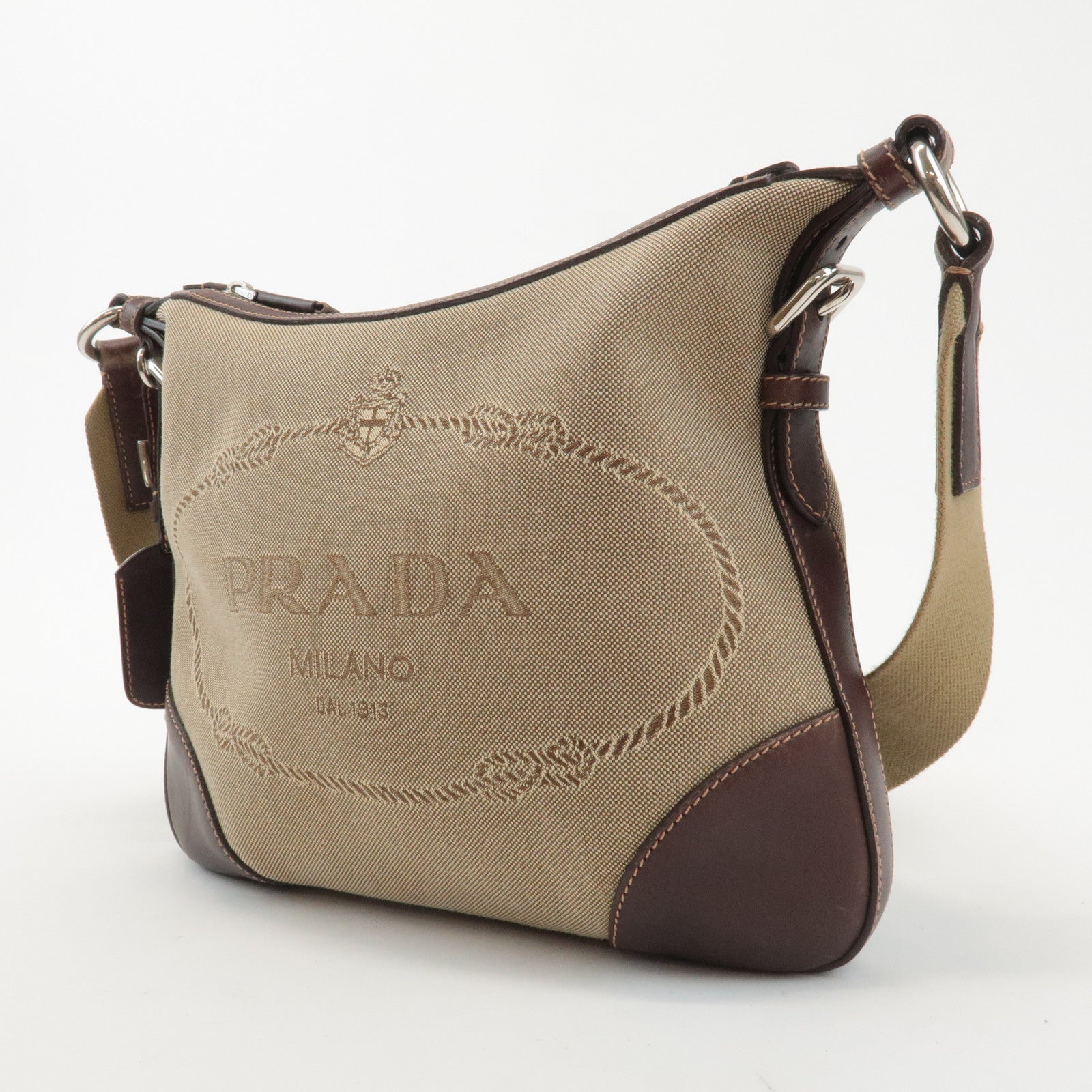 PRADA Logo Jacquard Leather Shoulder Bag Beige Brown BT0534