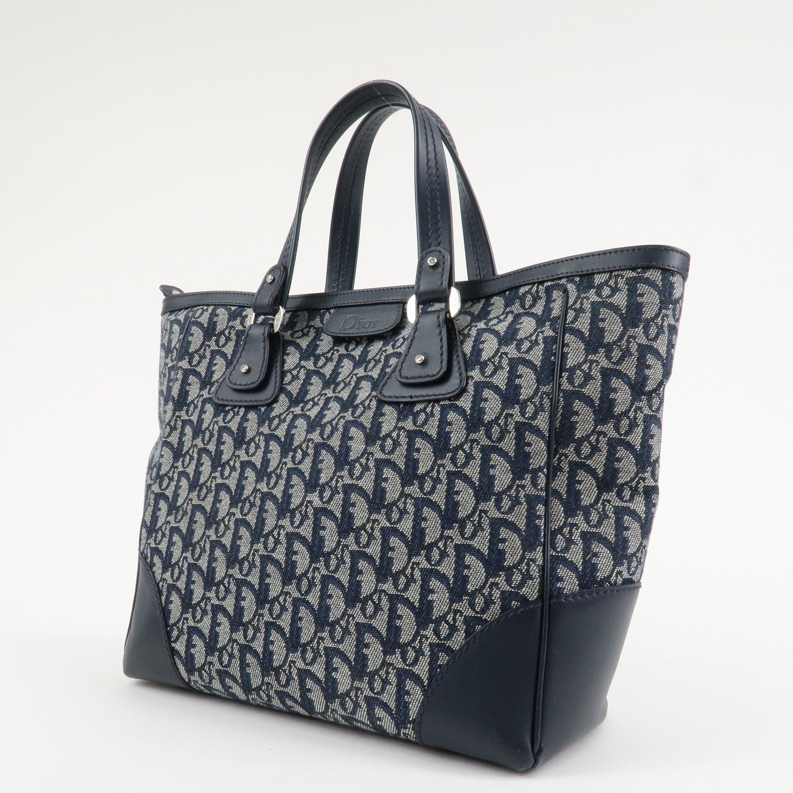 Christian Dior Trotter Canvas Leather Tote Bag Hand Bag Navy White Used