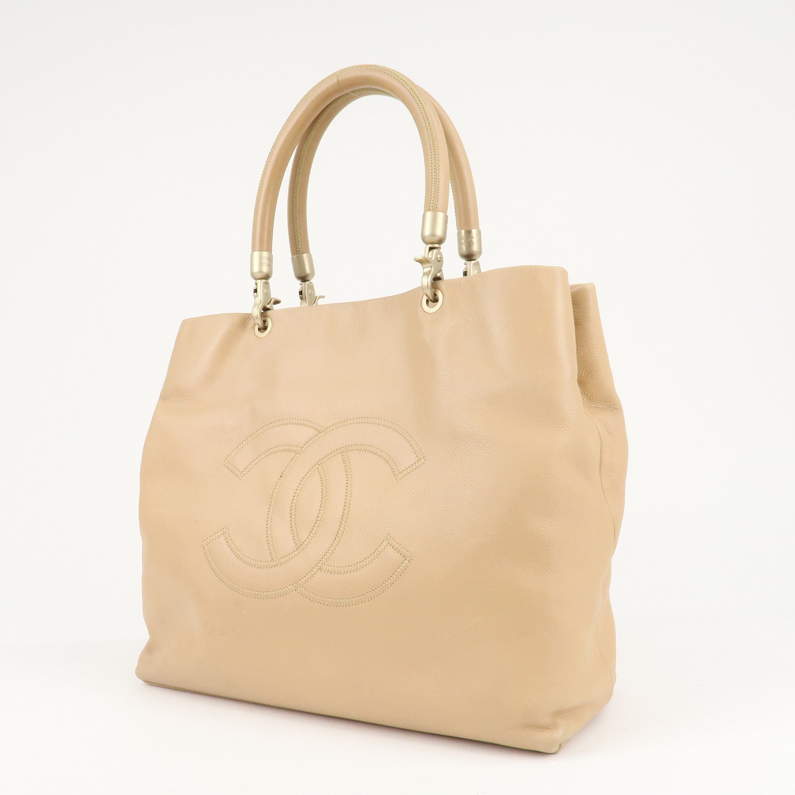 CHANEL Cavier Skin Coco Mark Tote Bag Hand Bag Beige Gold HDW Used