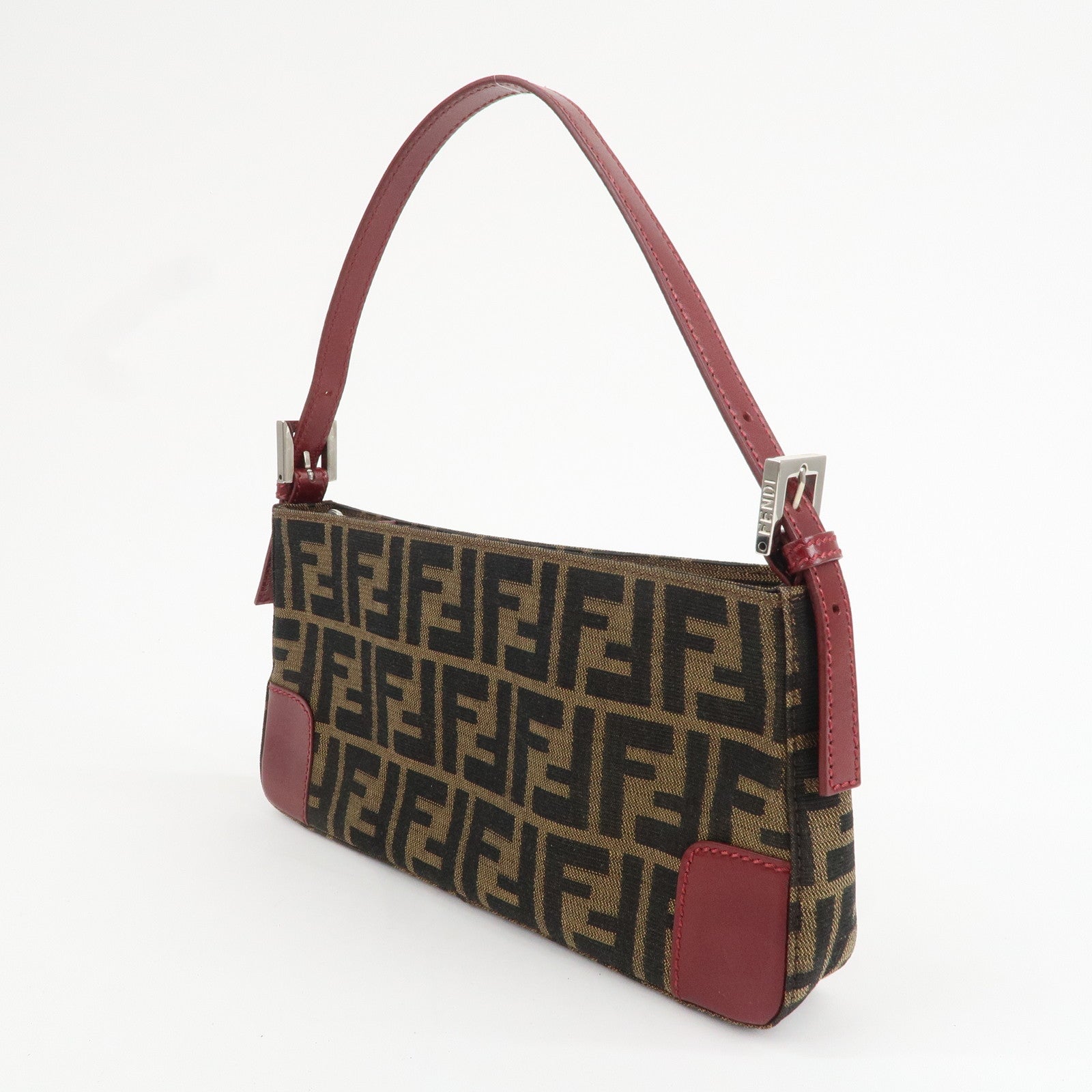 FENDI Zucca Canvas Leather Shoulder Bag Brown Black Red 8BR207